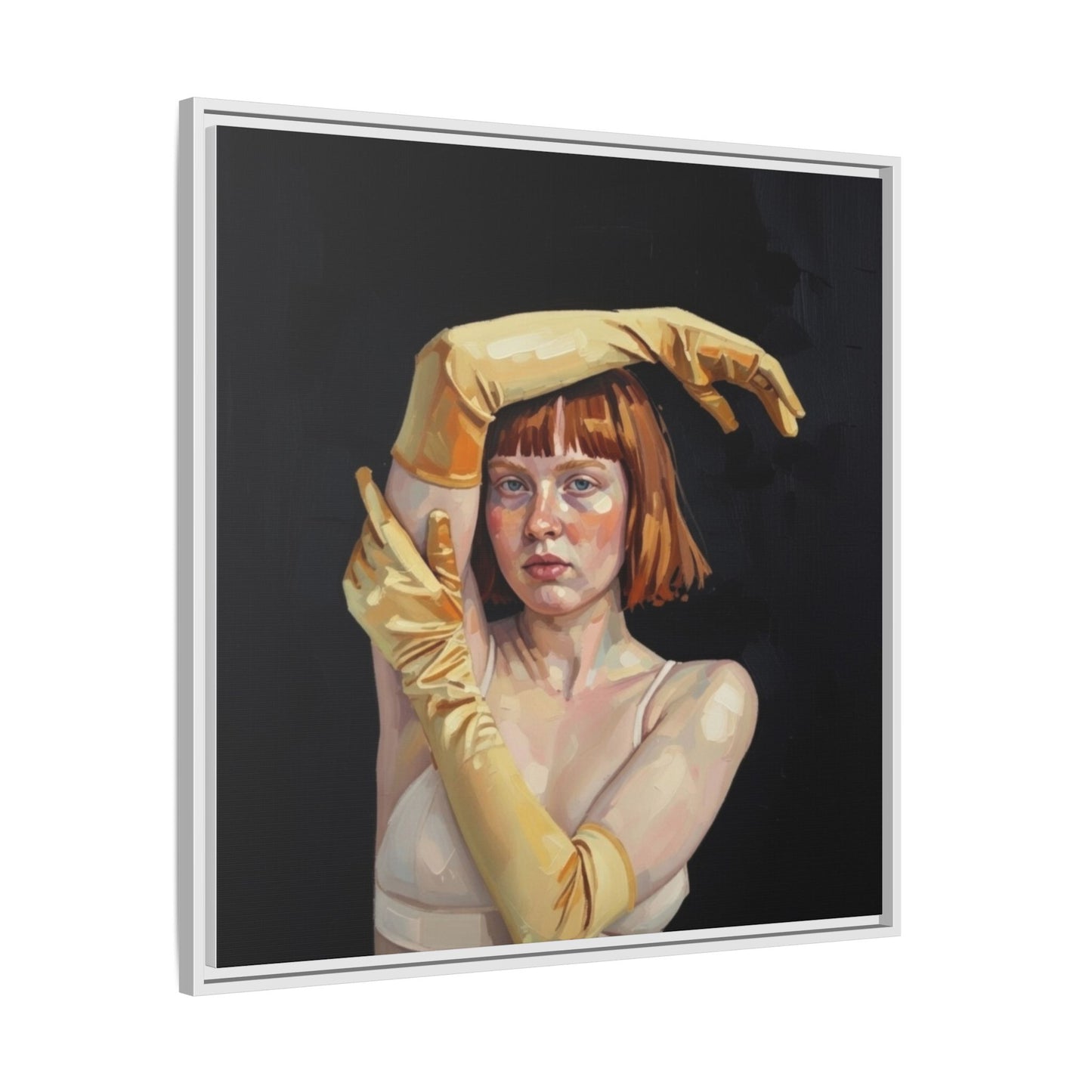 Framed Matte Canvas Art – Portrait of Woman in Yellow Gloves