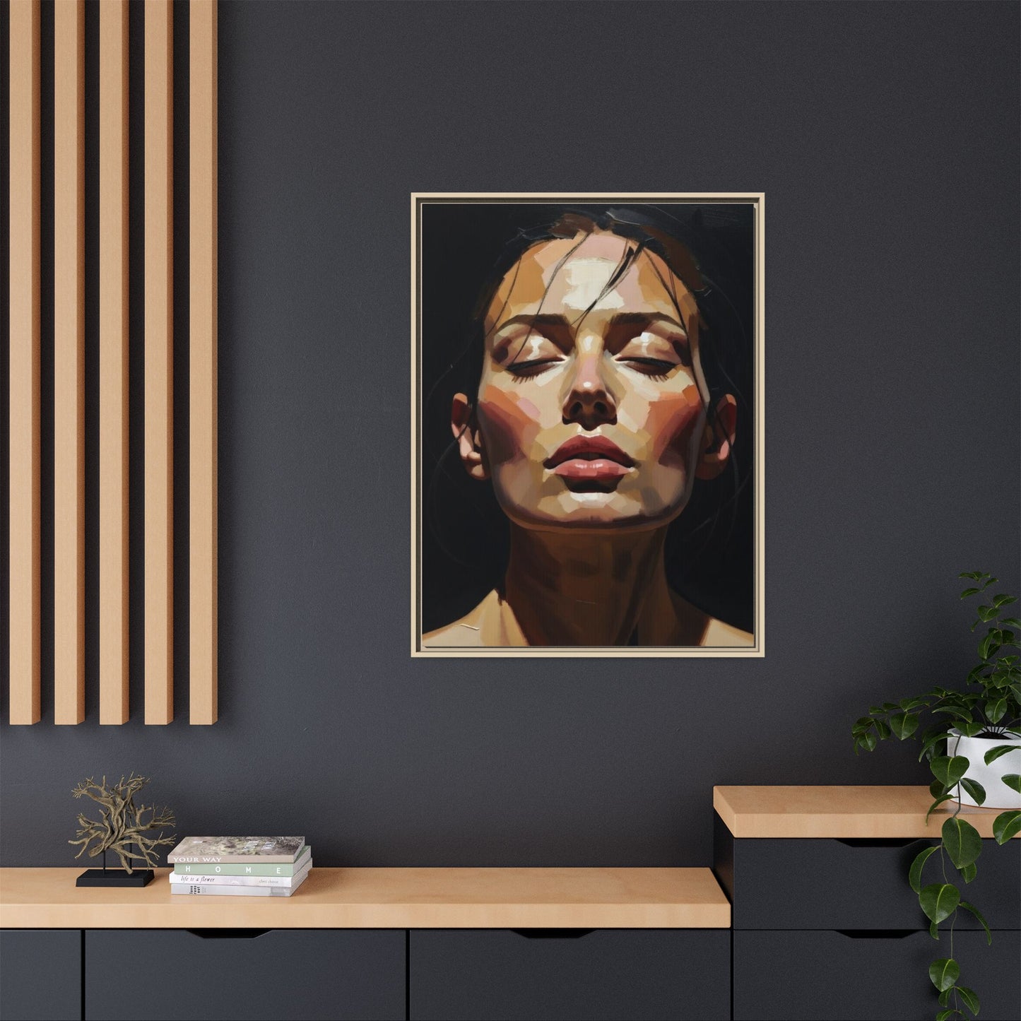 Framed Matte Canvas Portrait – Woman with Eyes Closed (Multi‑Color)