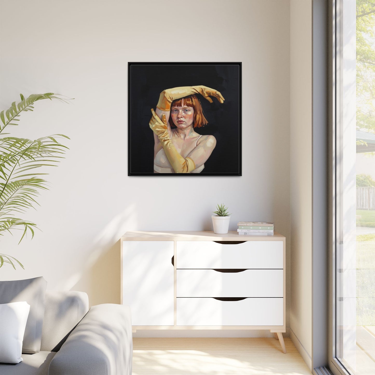 Framed Matte Canvas Art – Portrait of Woman in Yellow Gloves