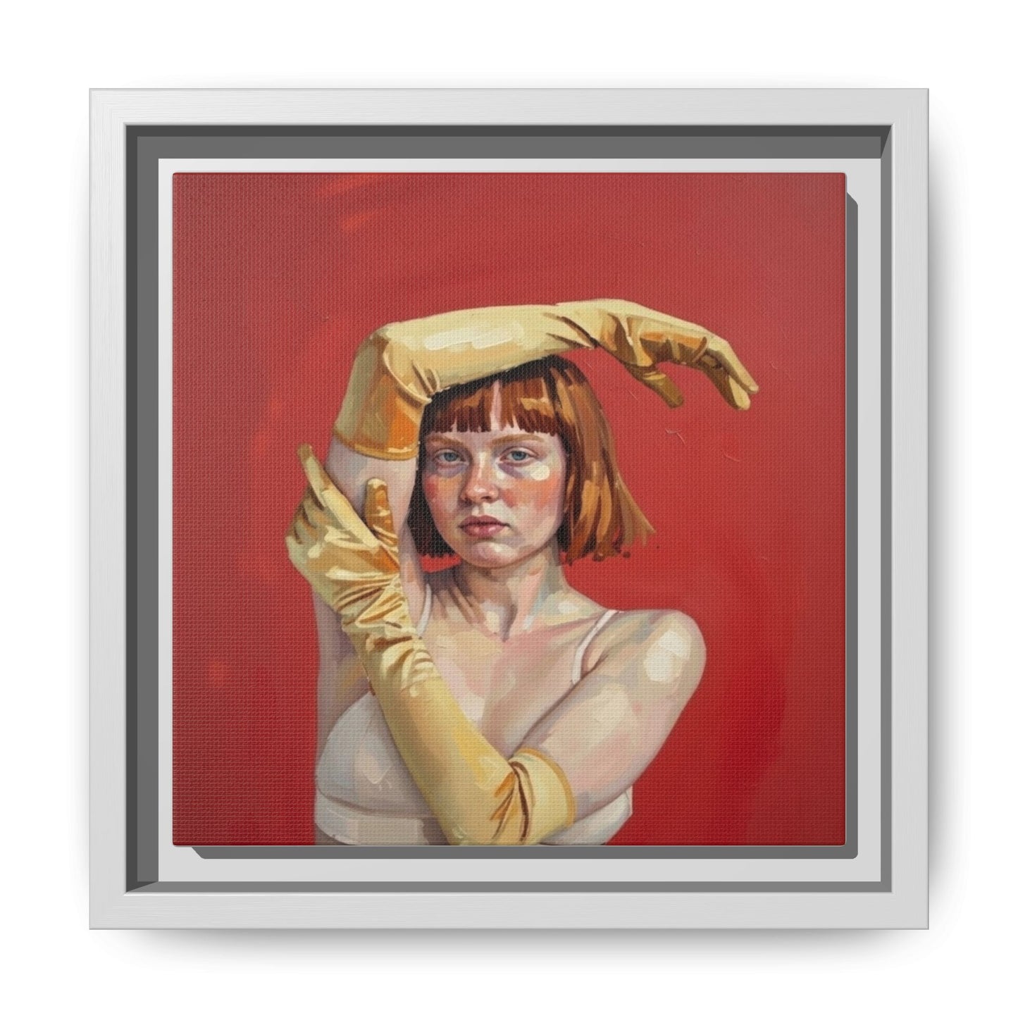 Framed Matte Canvas Art - Portrait of Woman in Yellow Gloves (Red Background)