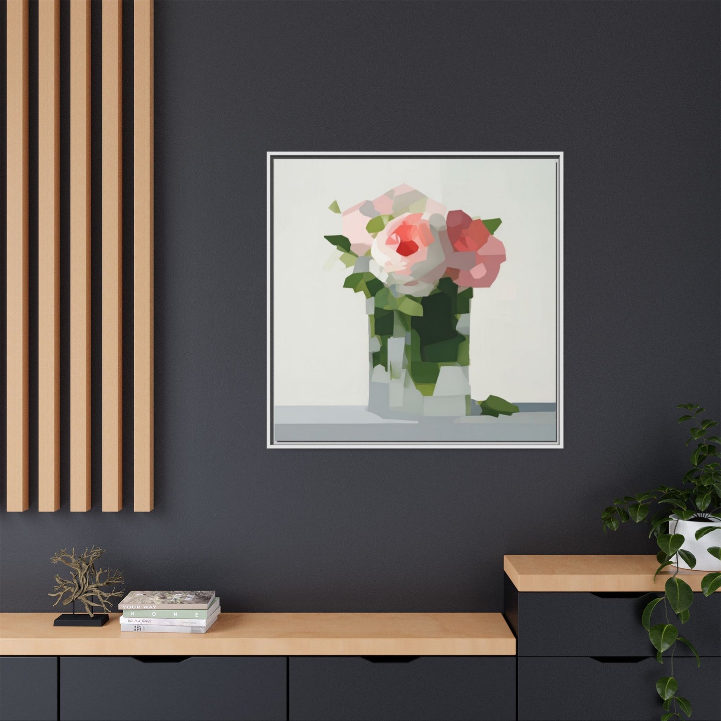 Framed Floral Canvas Print — Modern Pink Roses Still Life