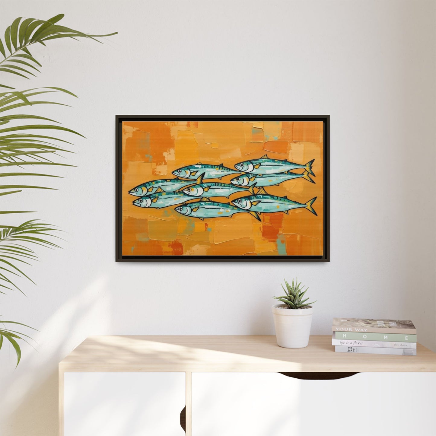 Framed Matte Canvas Print — School of Blue Fish on Orange Abstract Background