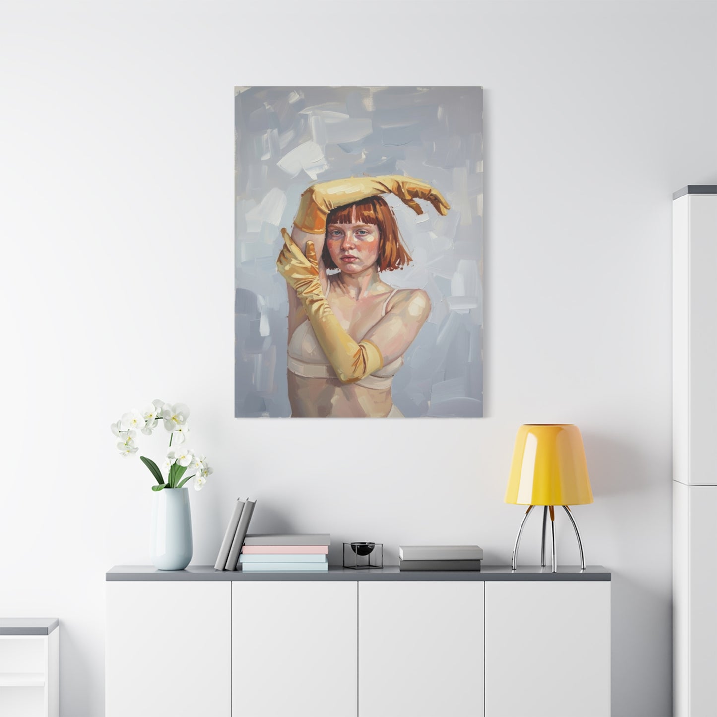 Portrait Canvas Print — Redheaded Woman with Yellow Gloves, Matte Stretched Art