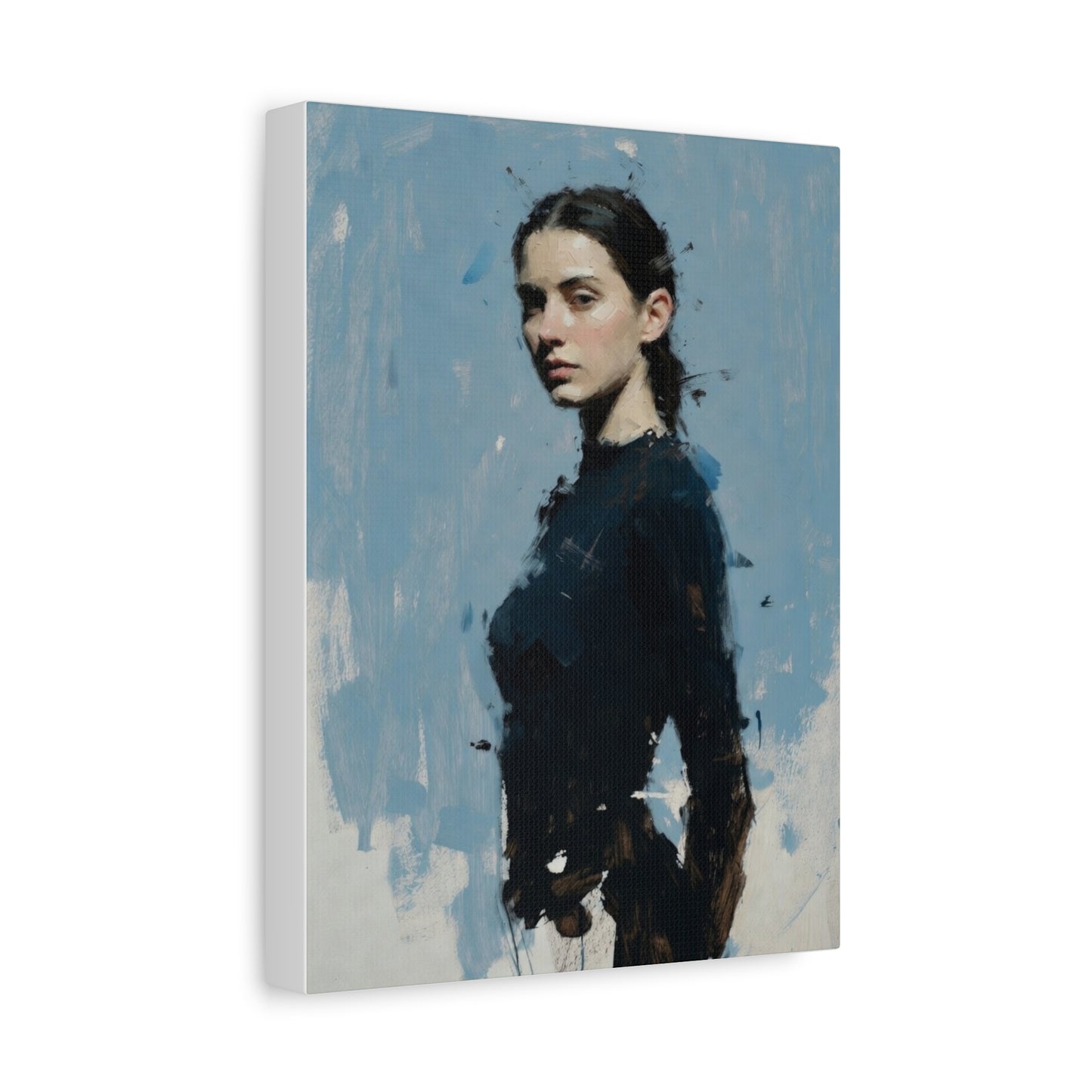Matte Stretched Canvas Print — Portrait of a Young Woman, Moody Blue Figurative Art