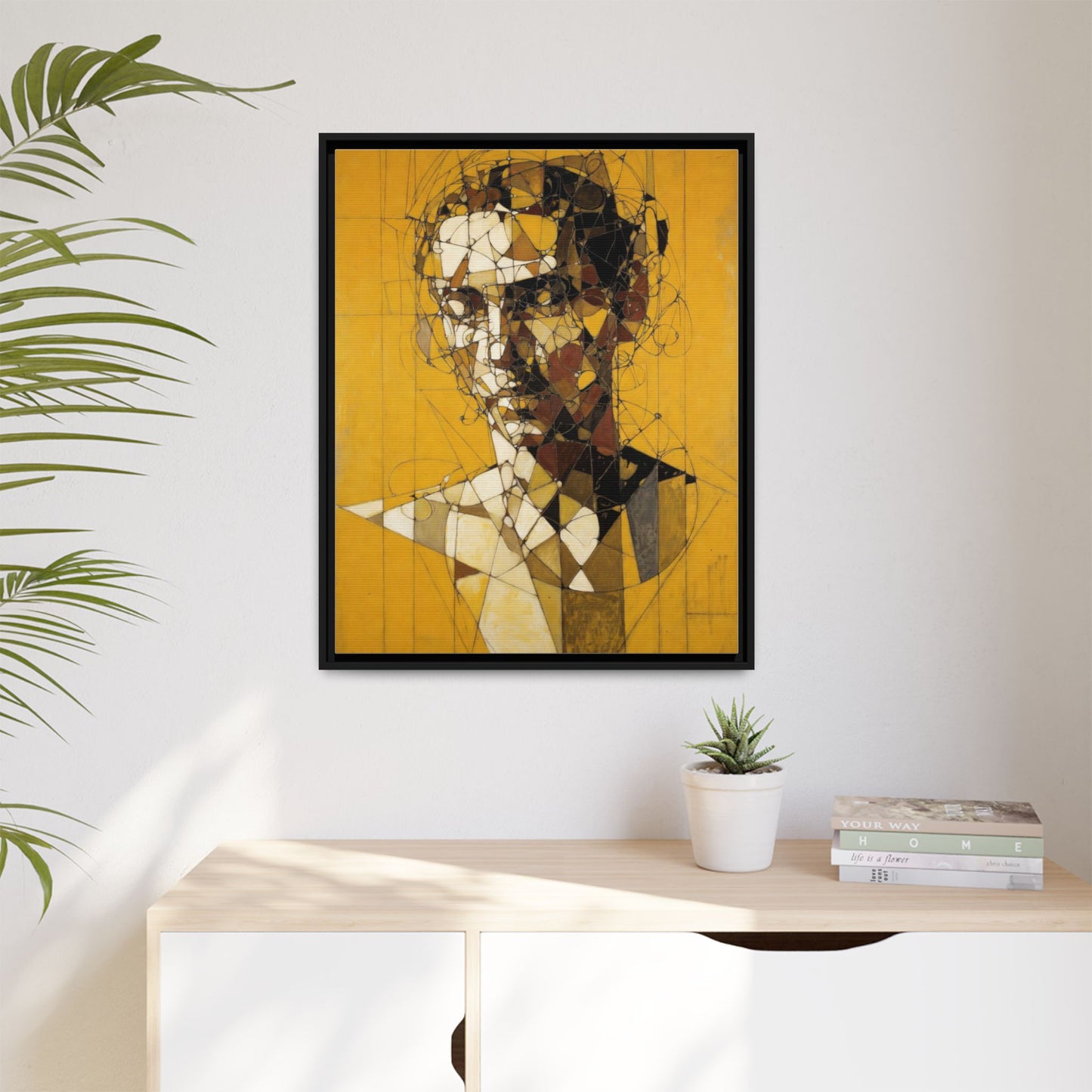 Framed Matte Canvas Art - Abstract Geometric Portrait on Mustard Yellow