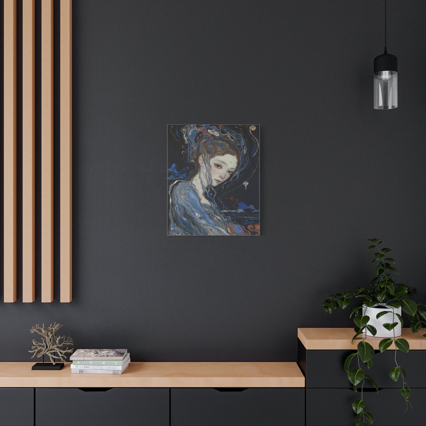 Ethereal Siren Matte Canvas Wall Art — Surreal Blue Portrait, Stretched 1.25"