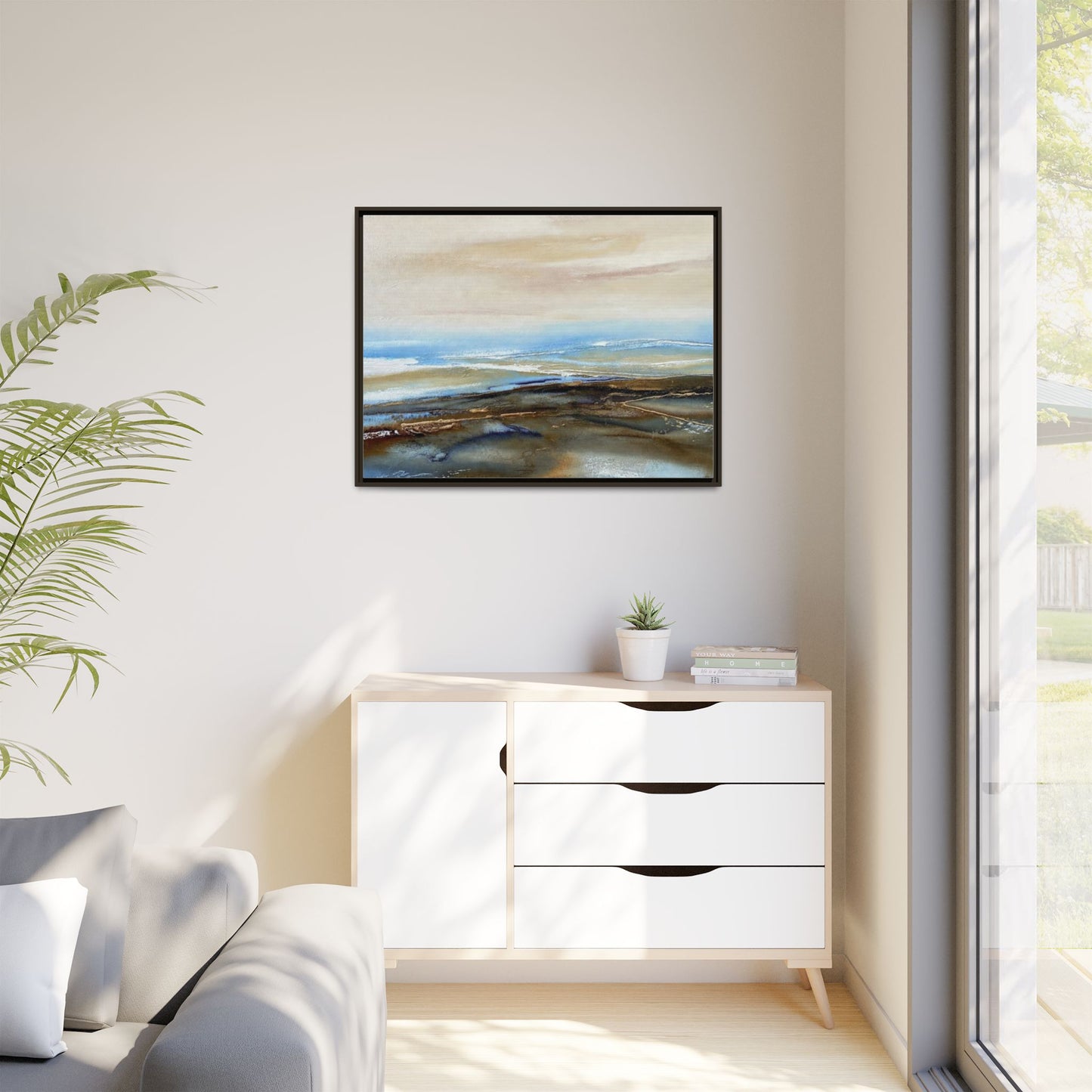 Framed Abstract Seascape Matte Canvas — Coastal Blue & Earth Tone Wall Art