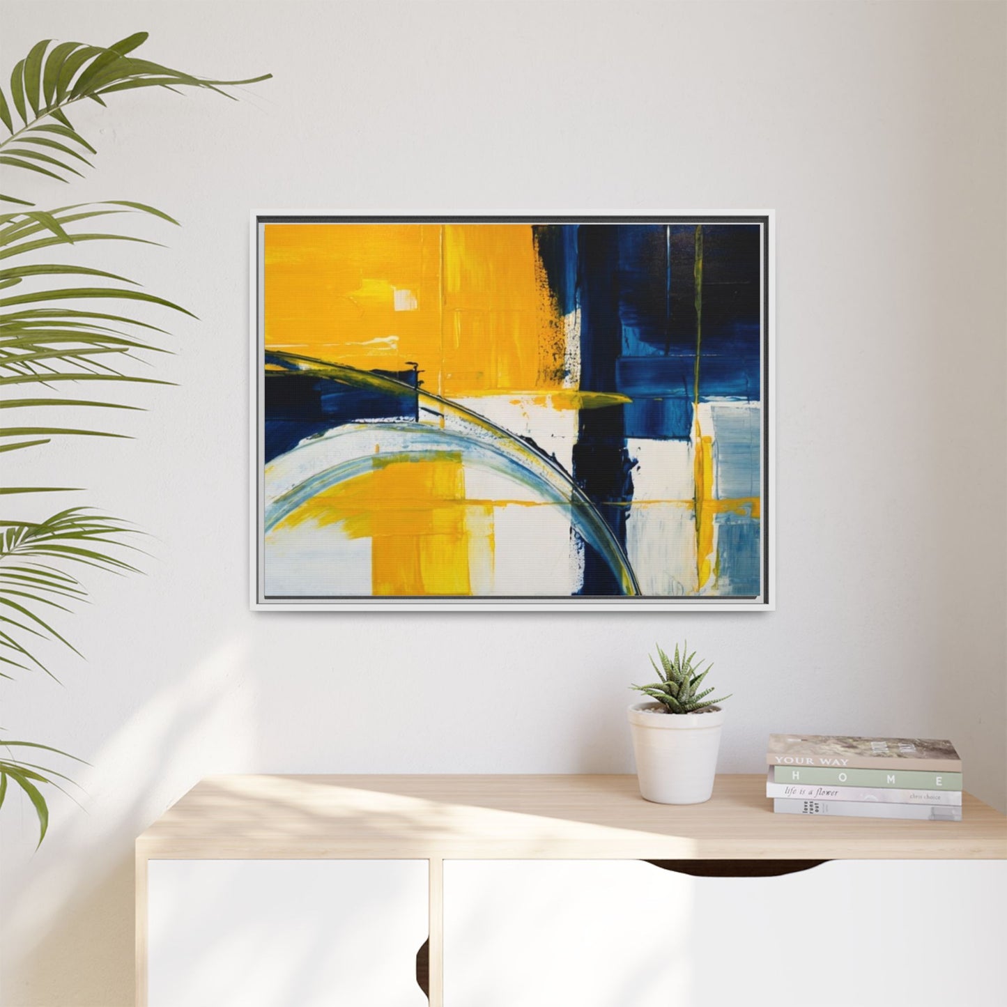 Abstract Yellow & Blue Framed Canvas Wall Art — Modern Matte Canvas Print