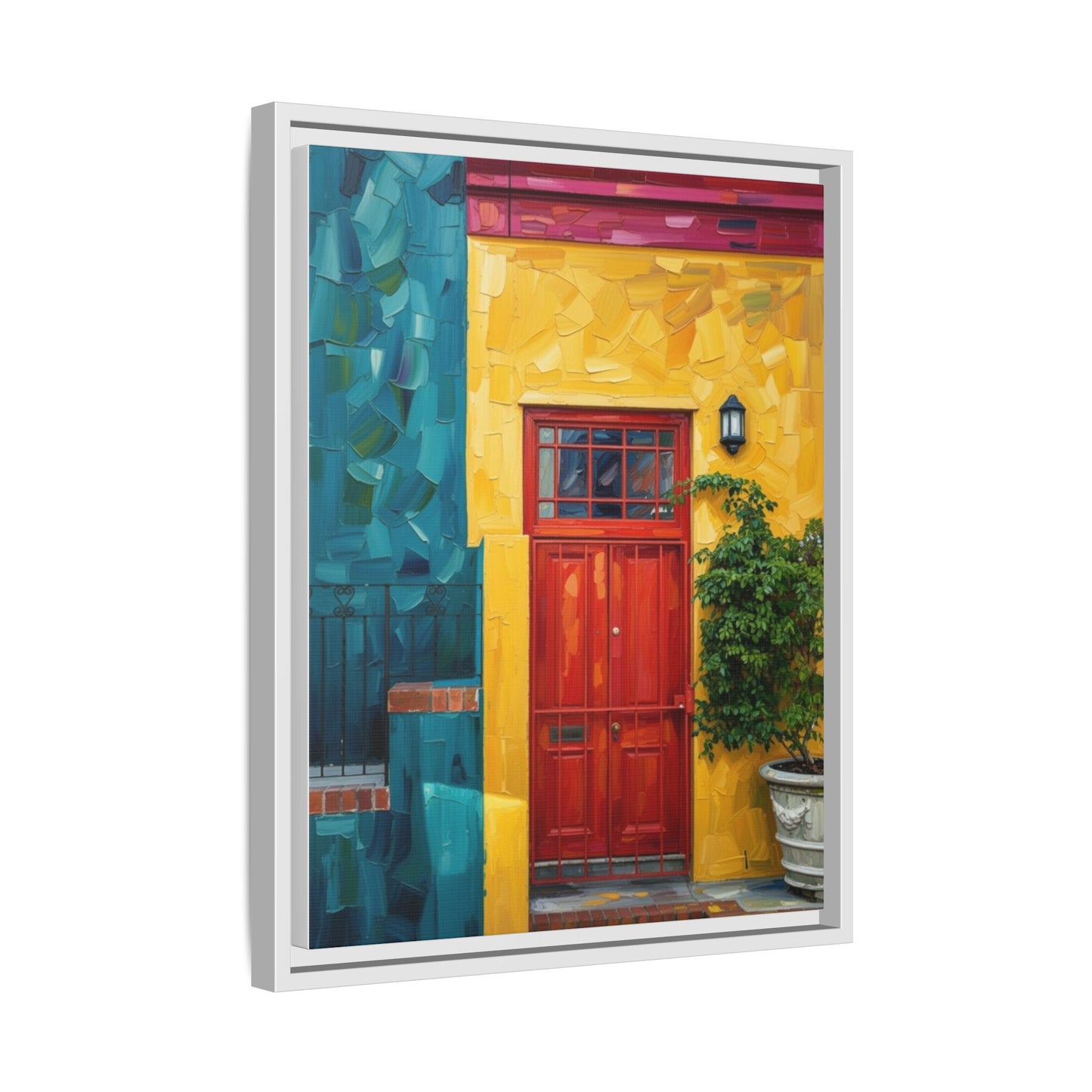 Framed Matte Canvas Wall Art — Colorful Red Door on Yellow Facade