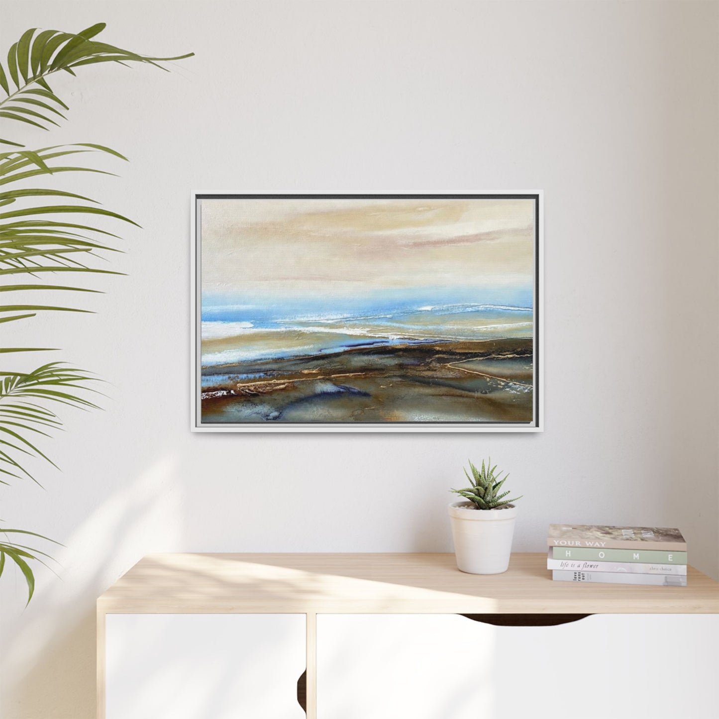 Framed Abstract Seascape Matte Canvas — Coastal Blue & Earth Tone Wall Art