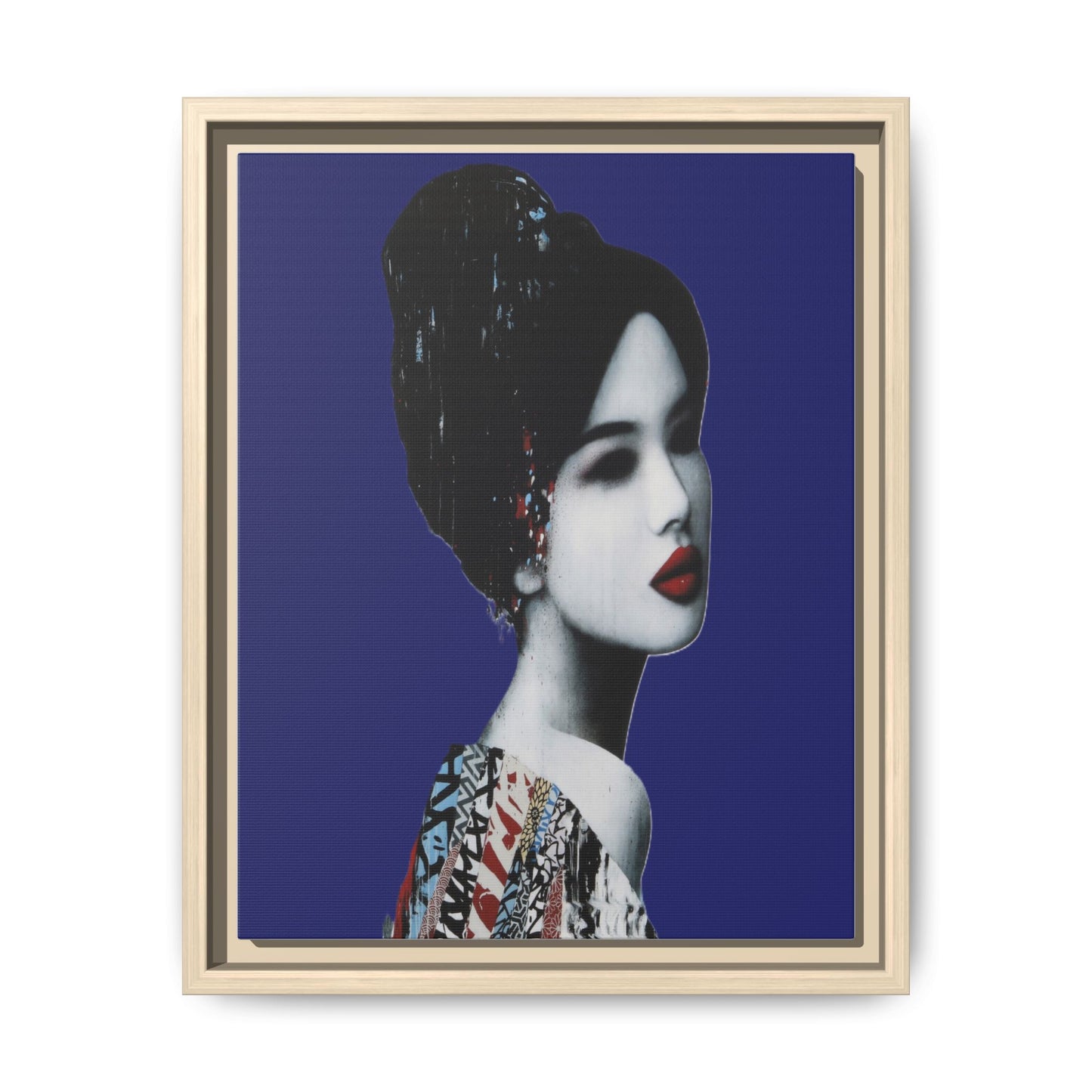Framed Matte Canvas Art — Elegant Geisha Portrait on Deep Blue