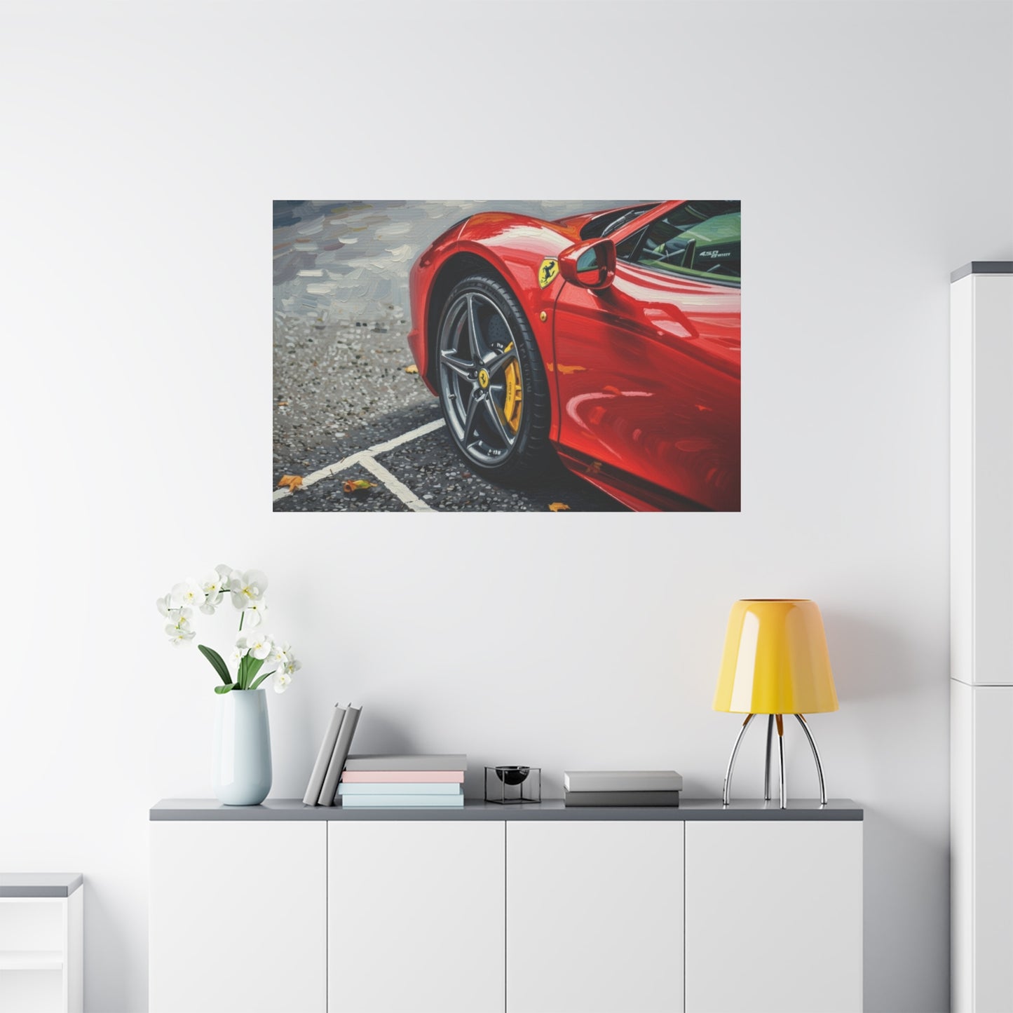 Red Sports Car Canvas Print — Ferrari Wheel Close-Up Matte Stretched Wall Art