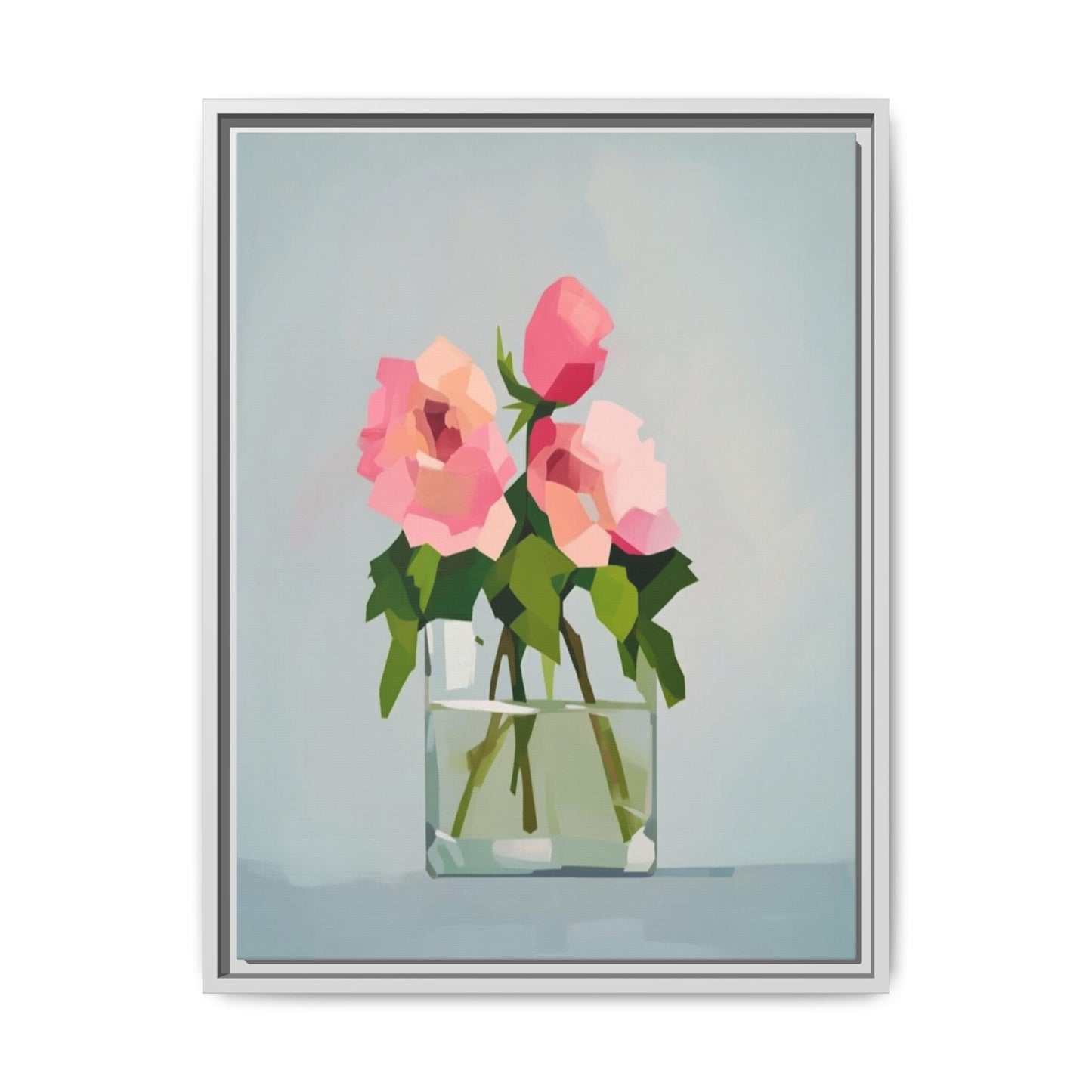 Framed Floral Canvas Print — Pink Roses in Glass Vase (Matte)