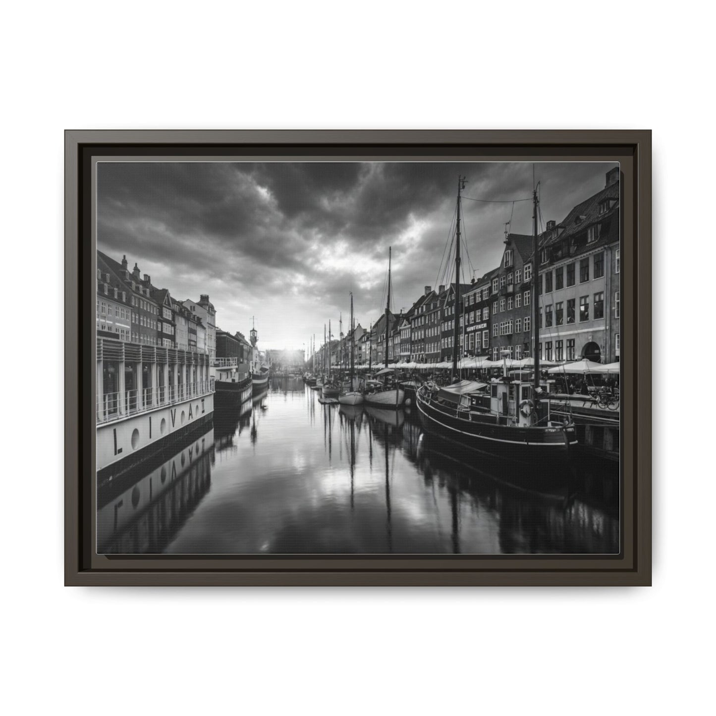 Framed Matte Canvas: Black & White Dutch Canal Photography Wall Art