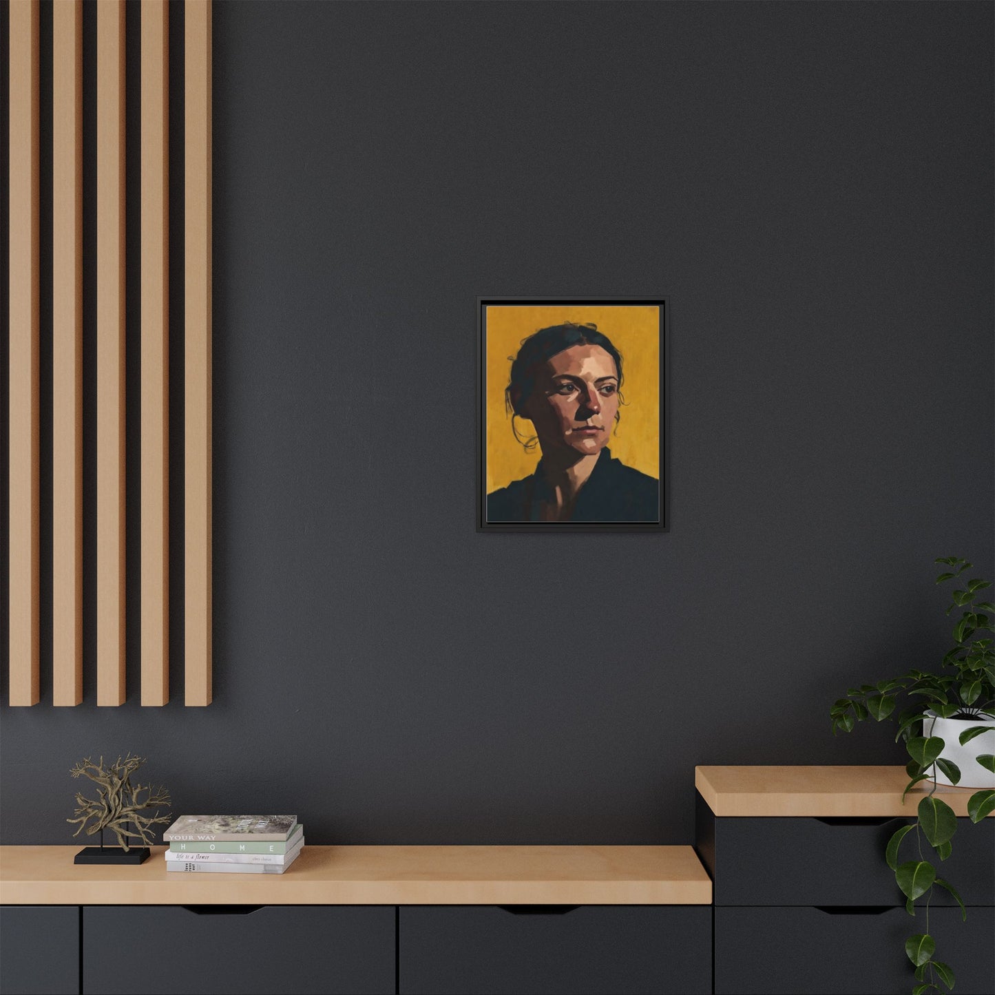 Framed Matte Canvas Portrait Art — Moody Woman on Mustard Background