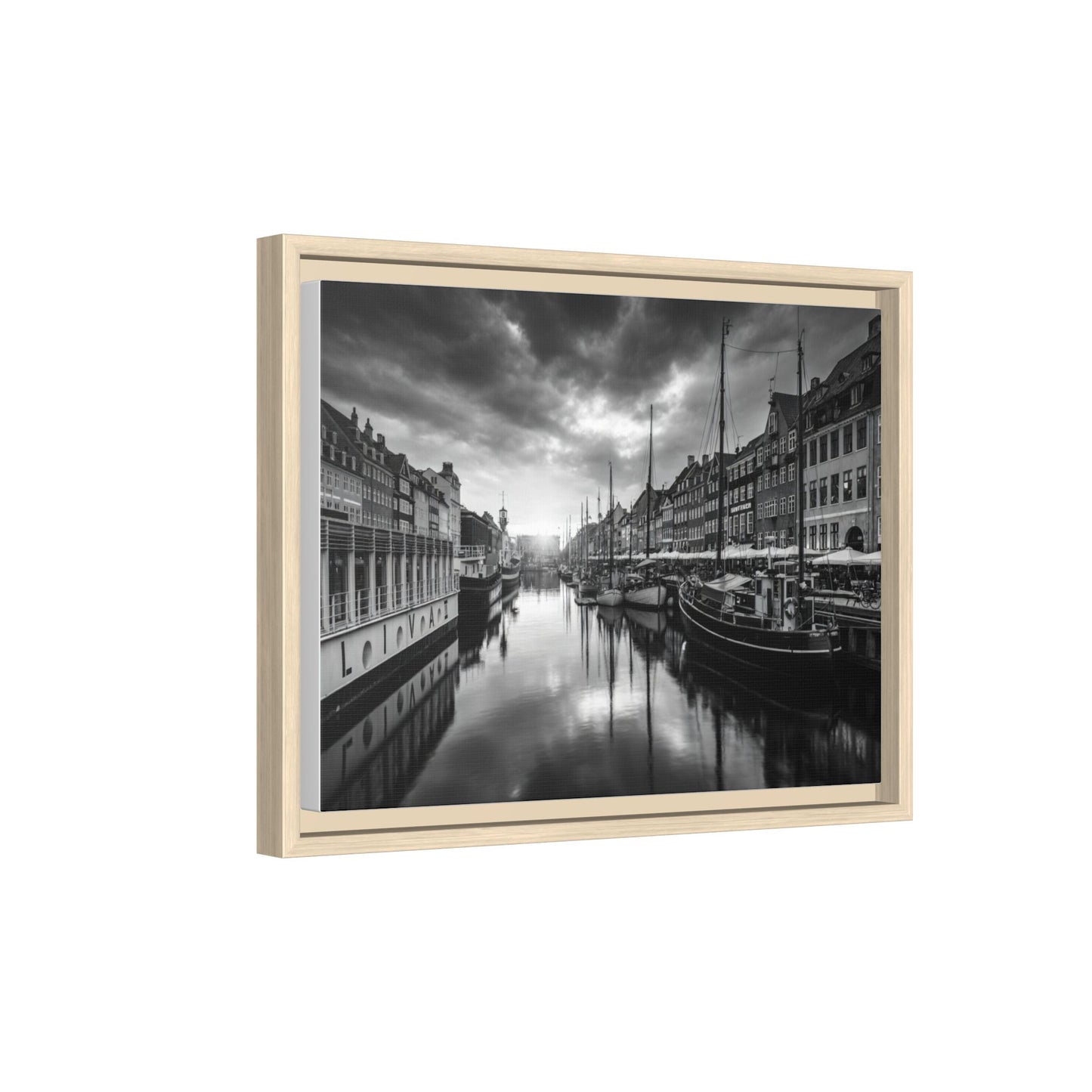 Framed Matte Canvas: Black & White Dutch Canal Photography Wall Art