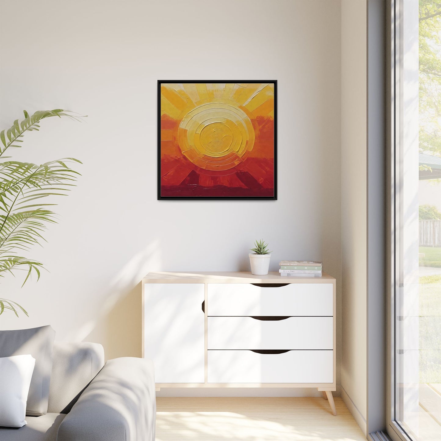 Sunburst Abstract Framed Canvas Art — Matte Multi‑Color Wall Print