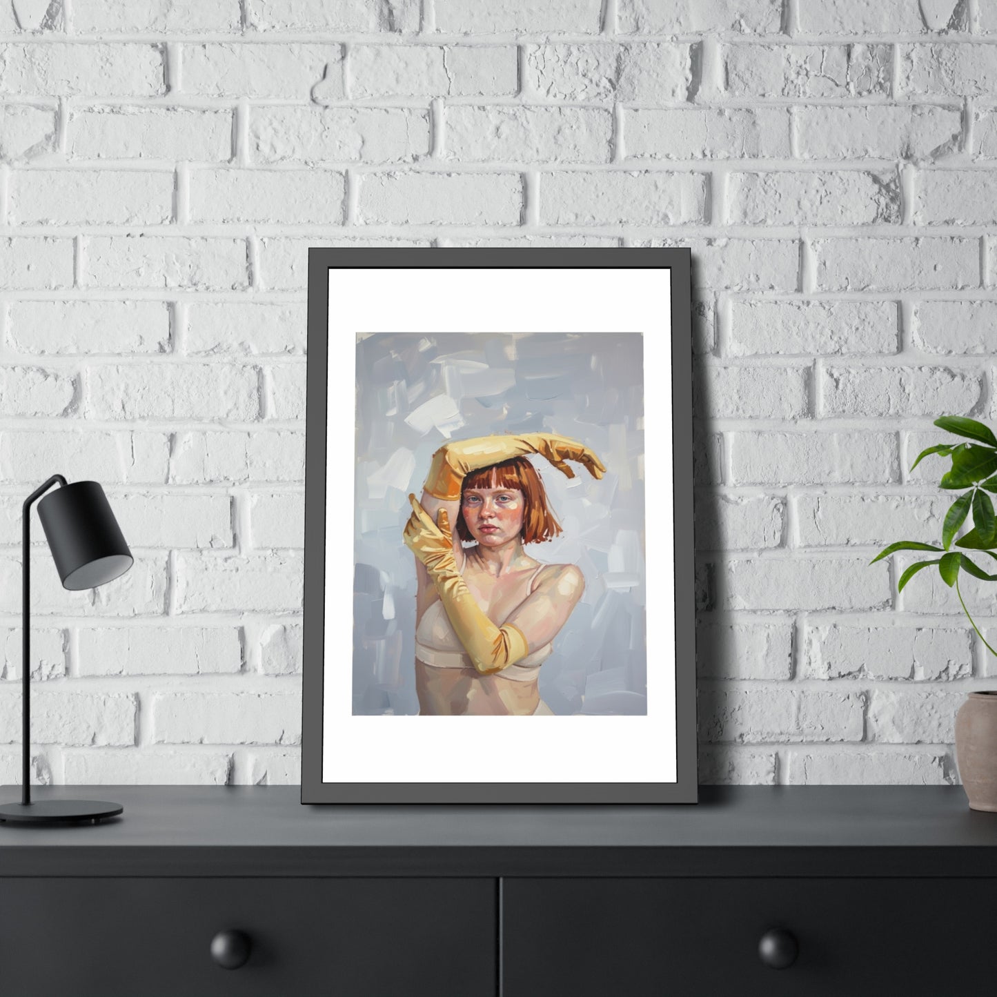 Framed Art Print — Portrait of Woman in Yellow Gloves (Modern Figurative Wall Art)