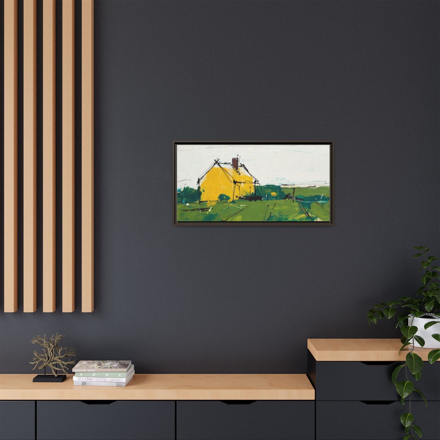 Yellow Cottage Landscape Framed Canvas Print