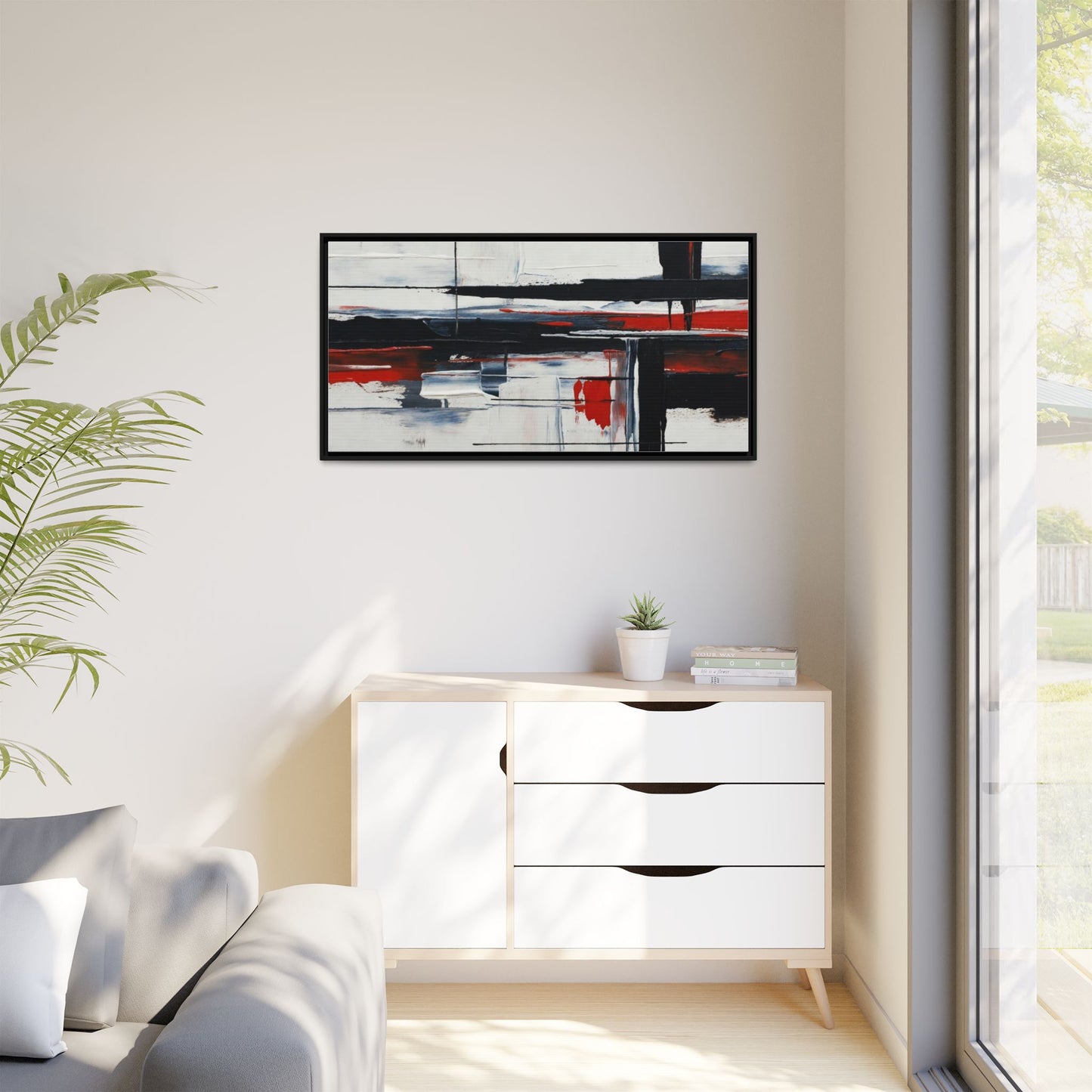 Abstract Red & Black Framed Canvas Art — Modern Matte Wall Painting