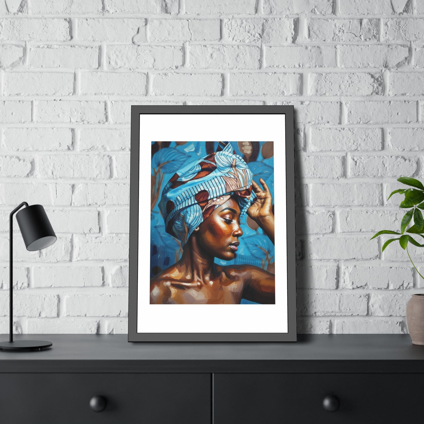 Framed Art Print — Portrait of Woman with Blue Headwrap (Gallery Wall Decor)