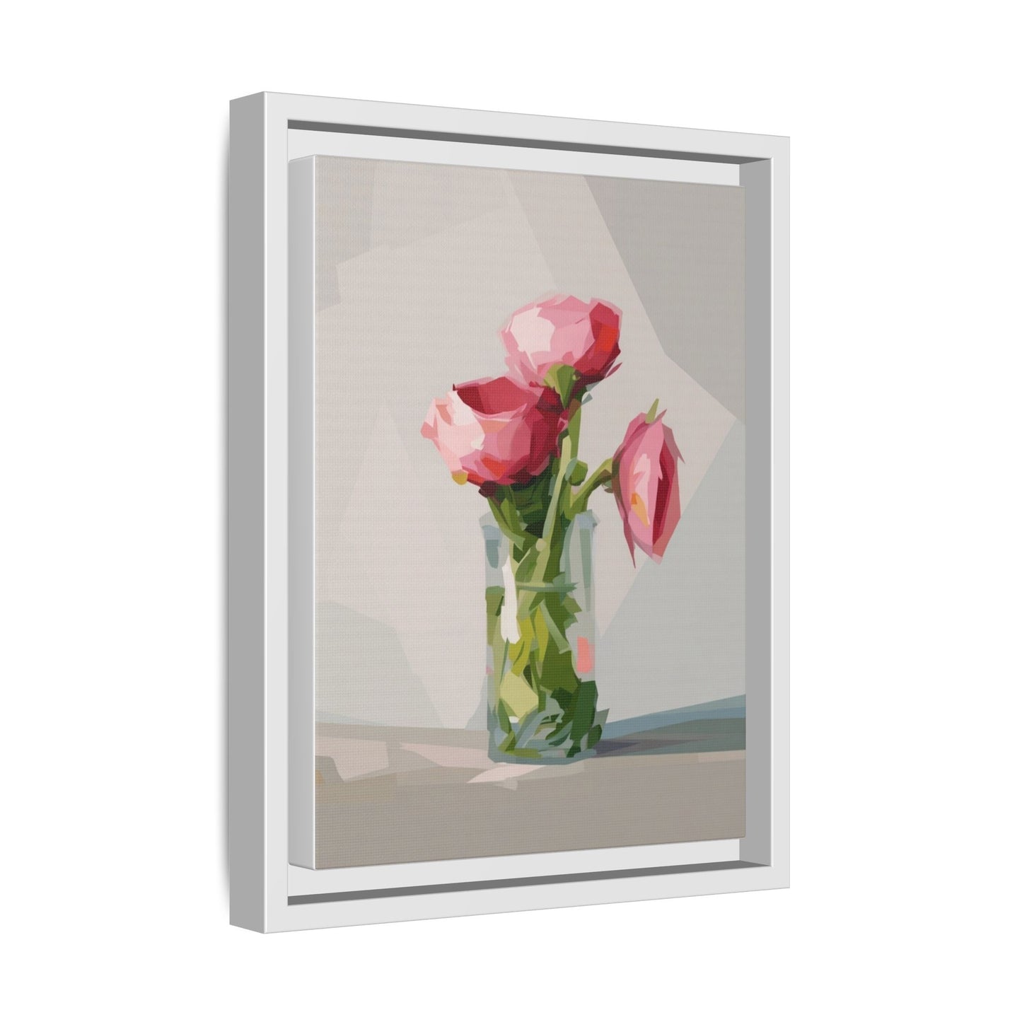 Framed Canvas Art — Pink Roses in Vase, Modern Floral Wall Print