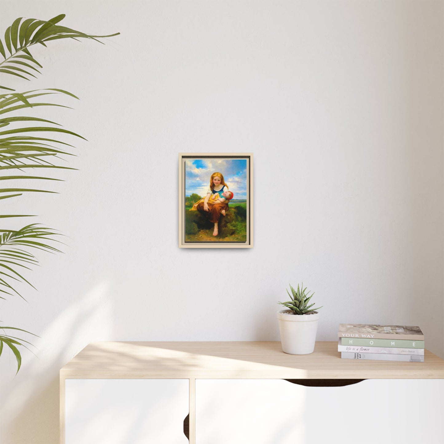 Young Girl Holding Sleeping Baby Canvas Print, Framed Wall Art