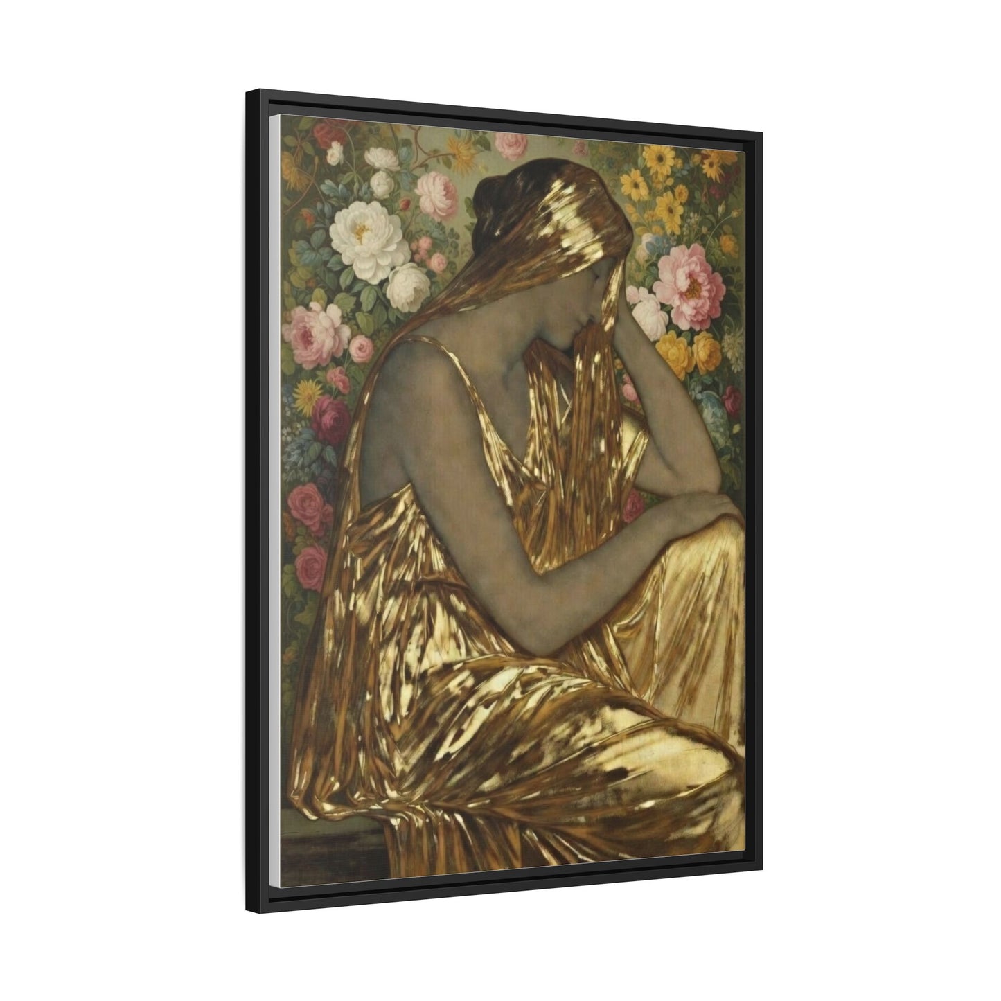Framed Canvas Art Print — Golden Muse Woman with Floral Background
