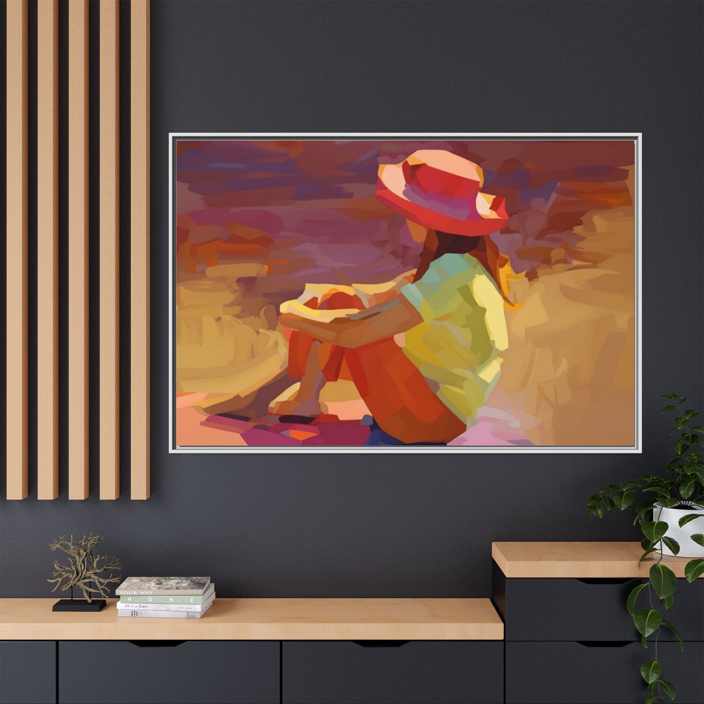Framed Matte Canvas — Colorful Seated Girl Beach Art