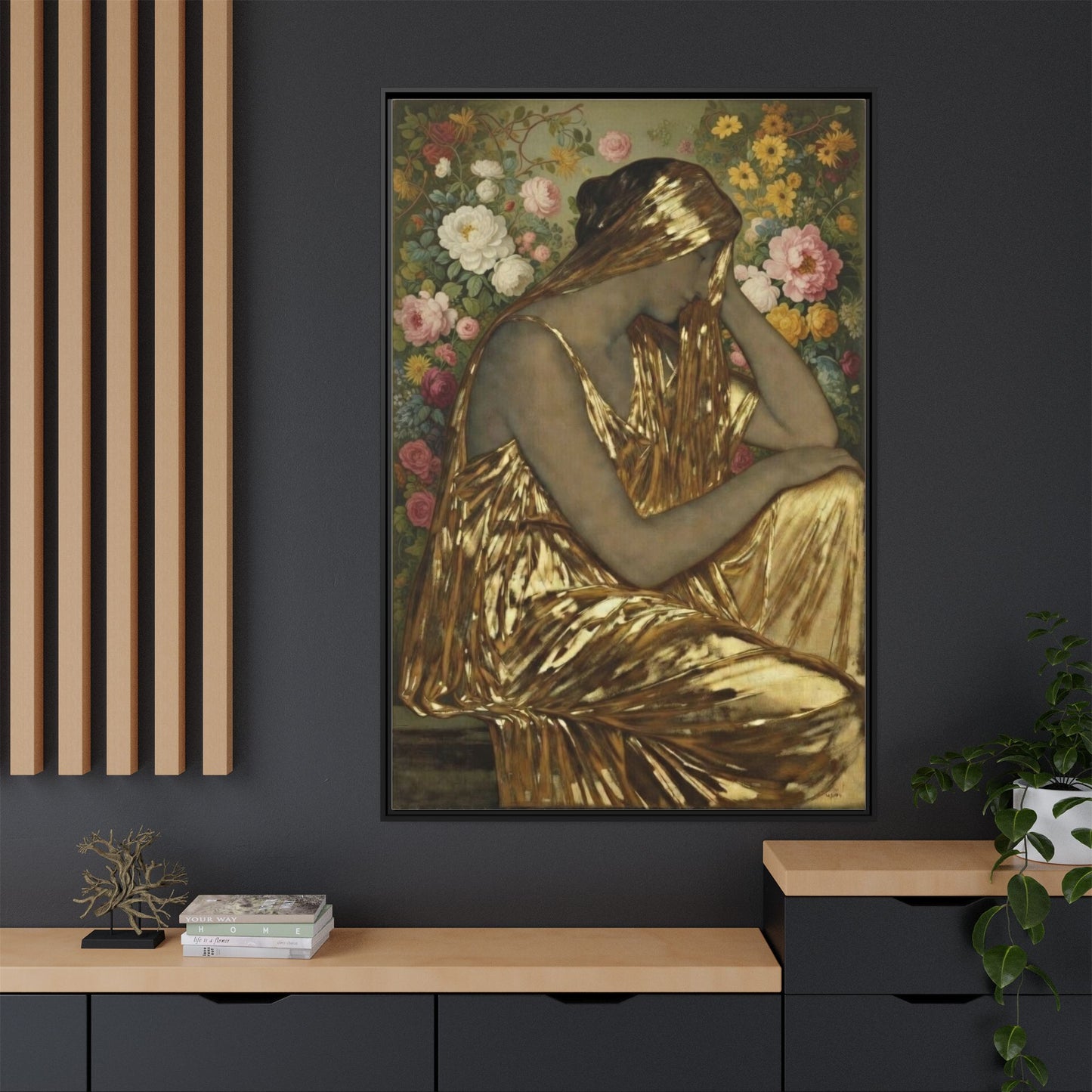 Framed Canvas Art Print — Golden Muse Woman with Floral Background