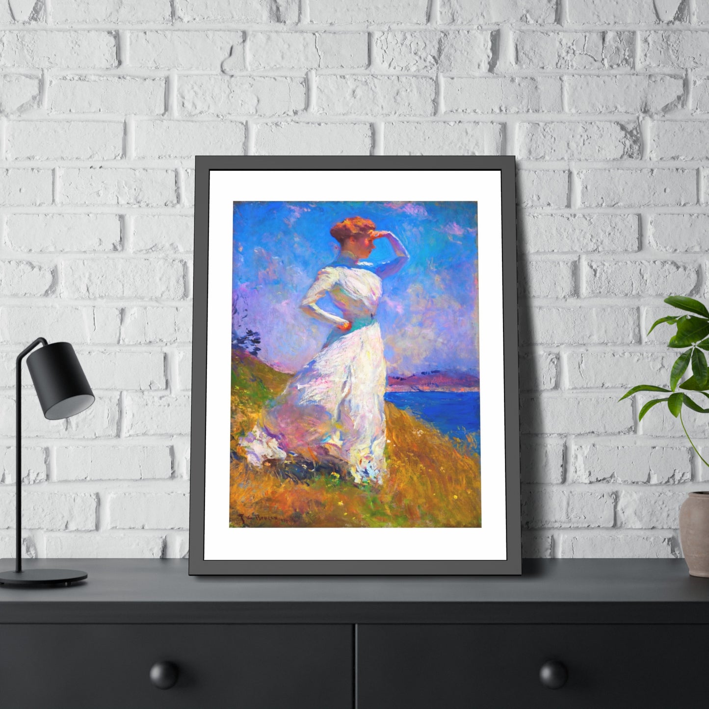 Coastal Impressionist Framed Poster — Woman in White Seaside Art Print