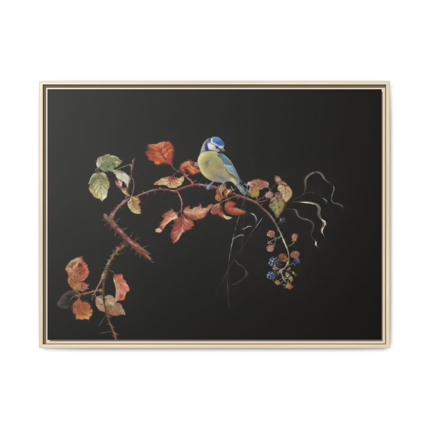 Framed Matte Canvas - Blue Tit on Autumn Branch Wall Art