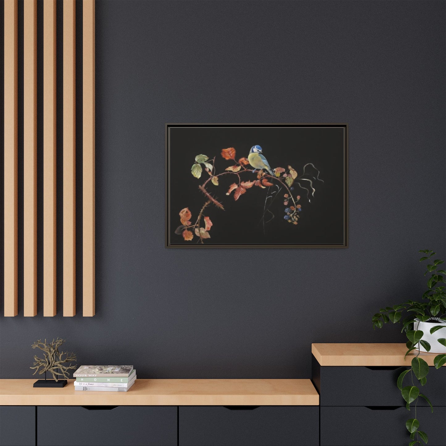 Framed Matte Canvas - Blue Tit on Autumn Branch Wall Art