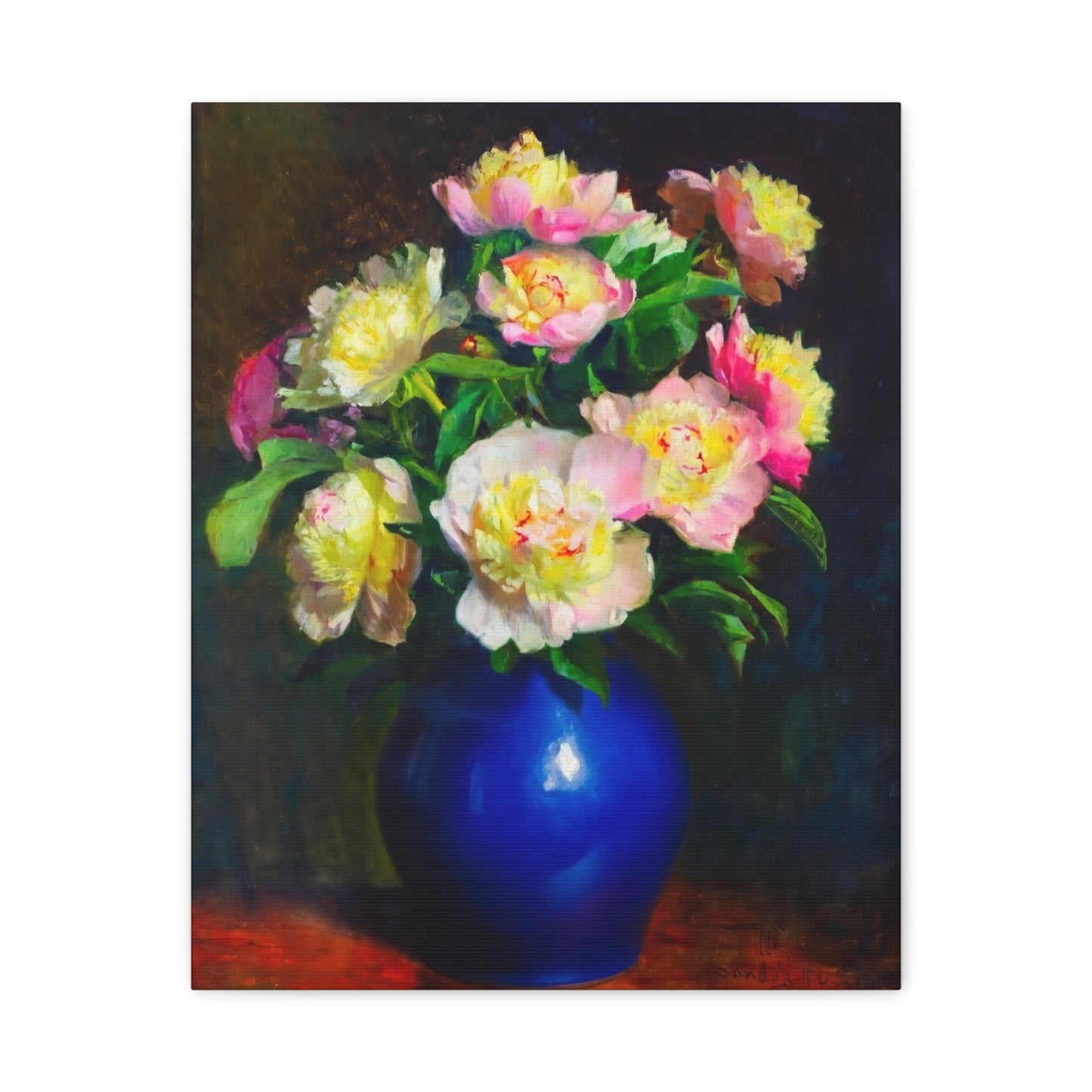 Peony Bouquet Canvas Print — Pink Peonies in Blue Vase, Stretched Matte Wall Art