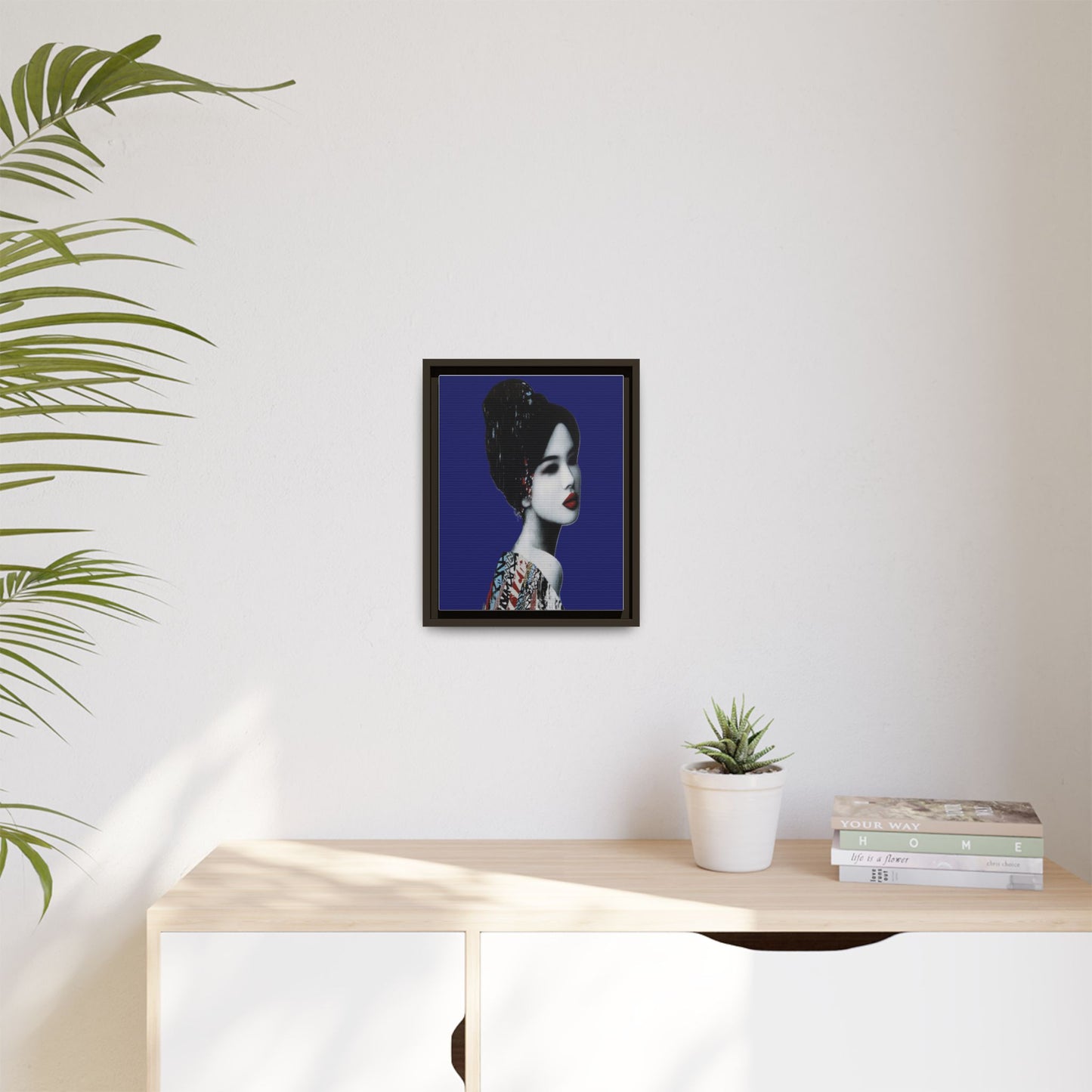 Framed Matte Canvas Art — Elegant Geisha Portrait on Deep Blue