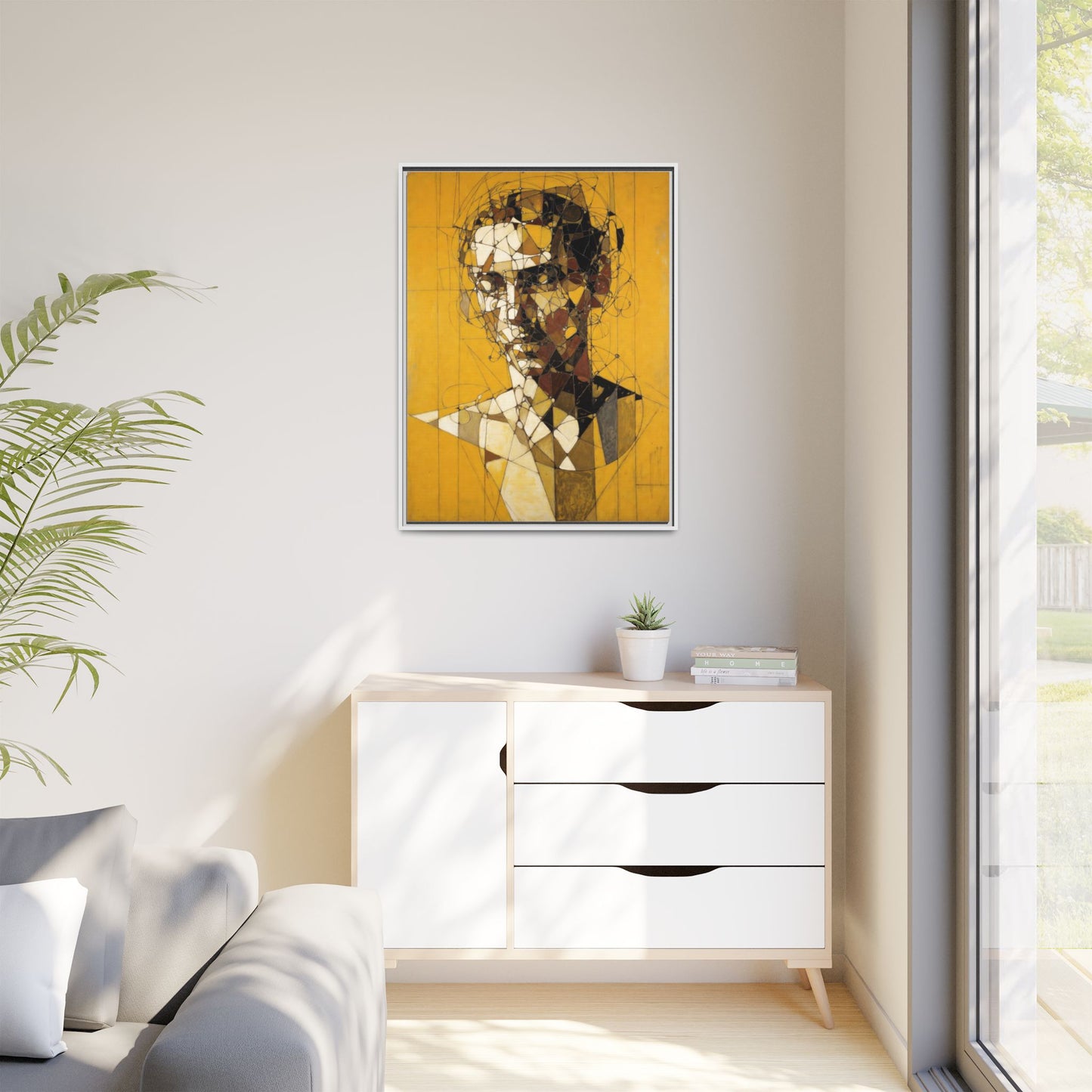 Framed Matte Canvas Art - Abstract Geometric Portrait on Mustard Yellow