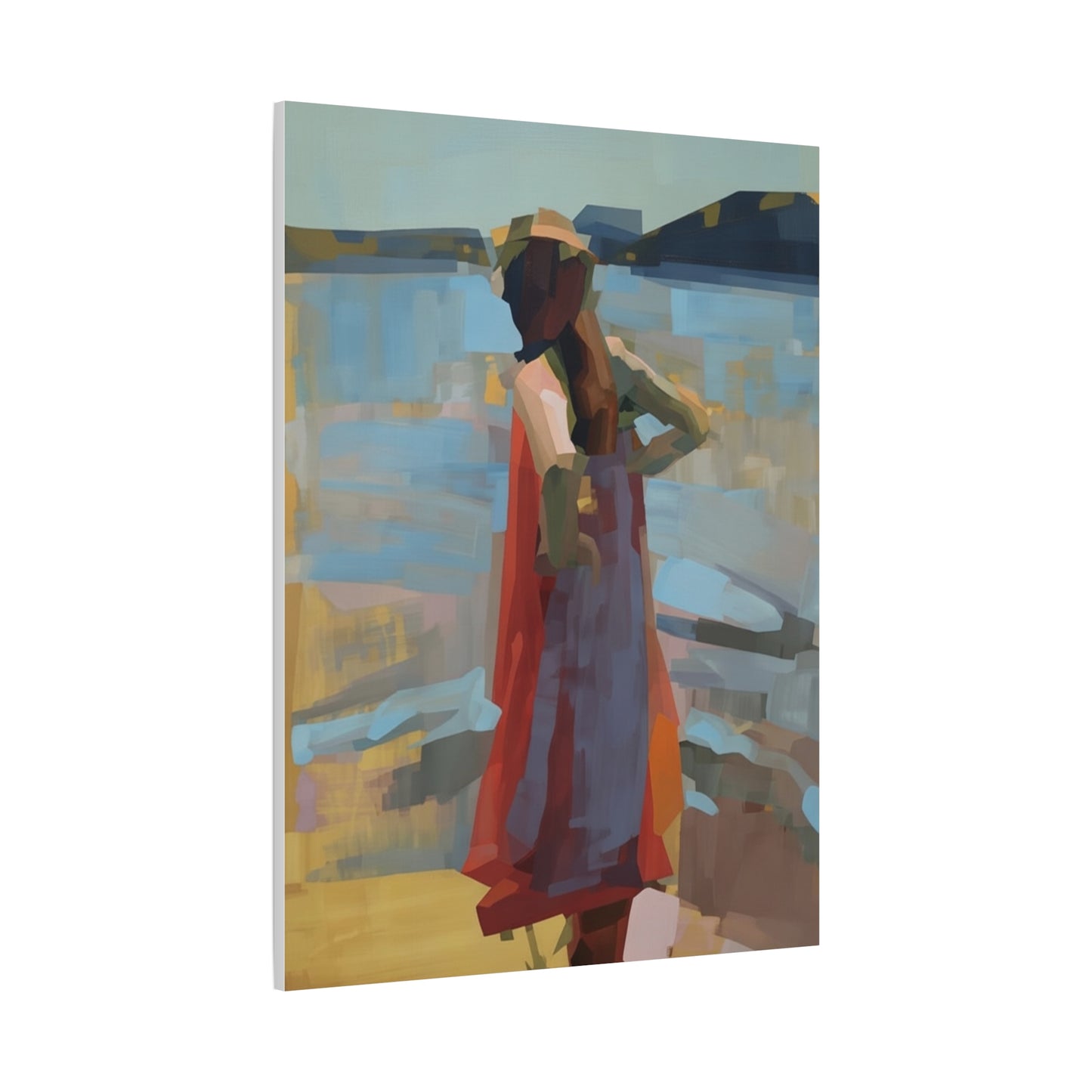 Coastal Stroll Matte Canvas Print — Abstract Woman in Red Dress, Stretched 1.25"