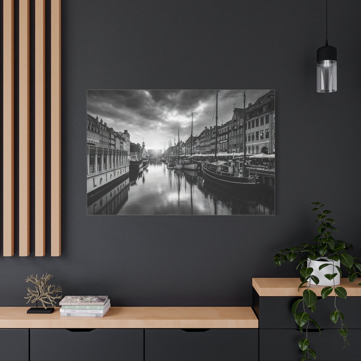 Black & White Harbor Canvas Print — Dramatic Copenhagen Cityscape Wall Art