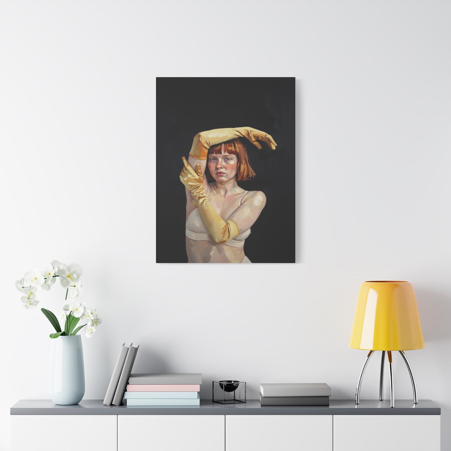 Contemporary Portrait Canvas — Redhead in Yellow Gloves Matte Stretched Art