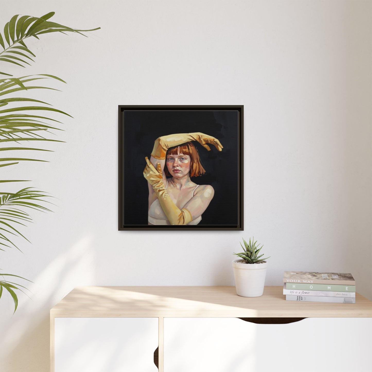 Framed Matte Canvas Art – Portrait of Woman in Yellow Gloves