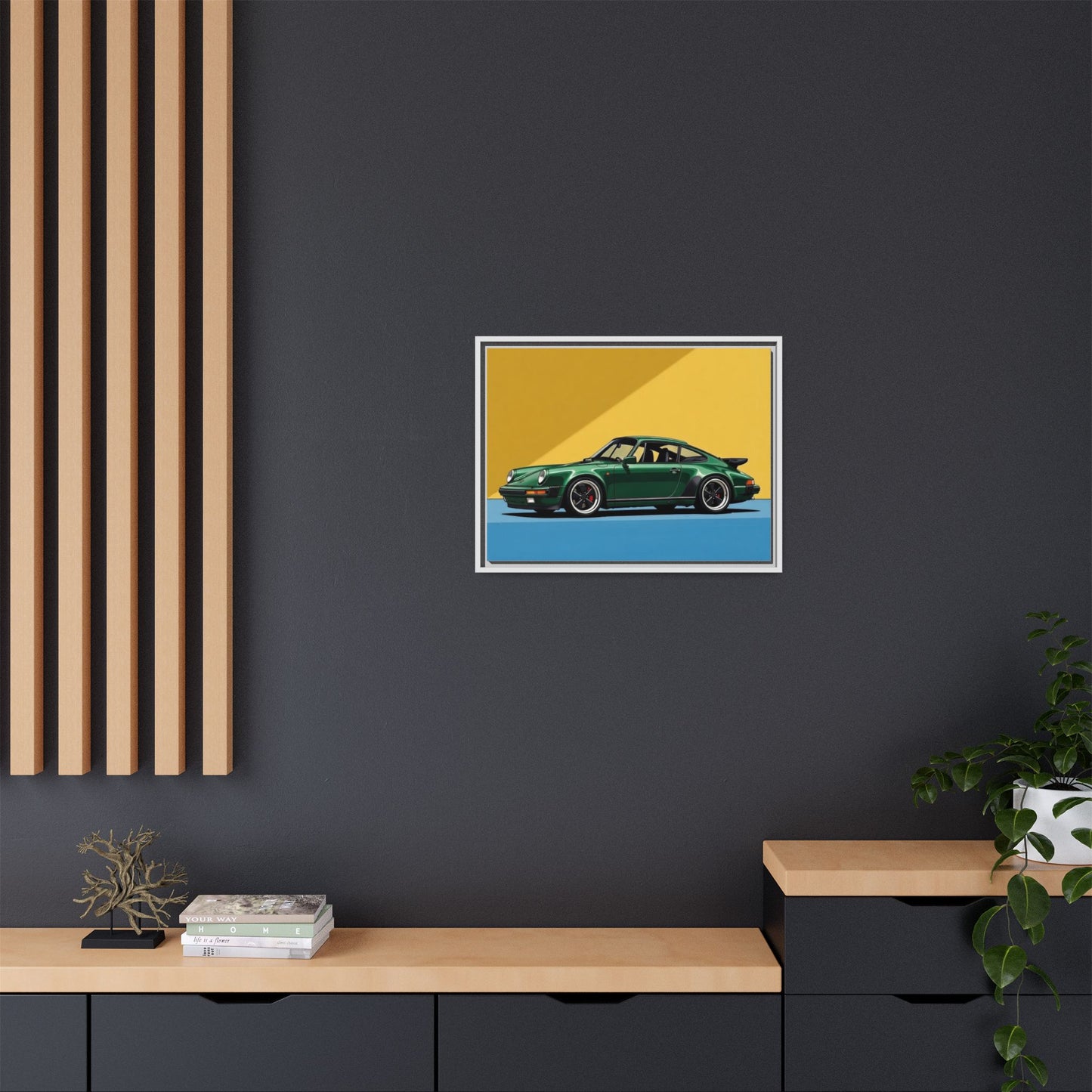 Framed Matte Canvas — Green Sports Car Wall Art