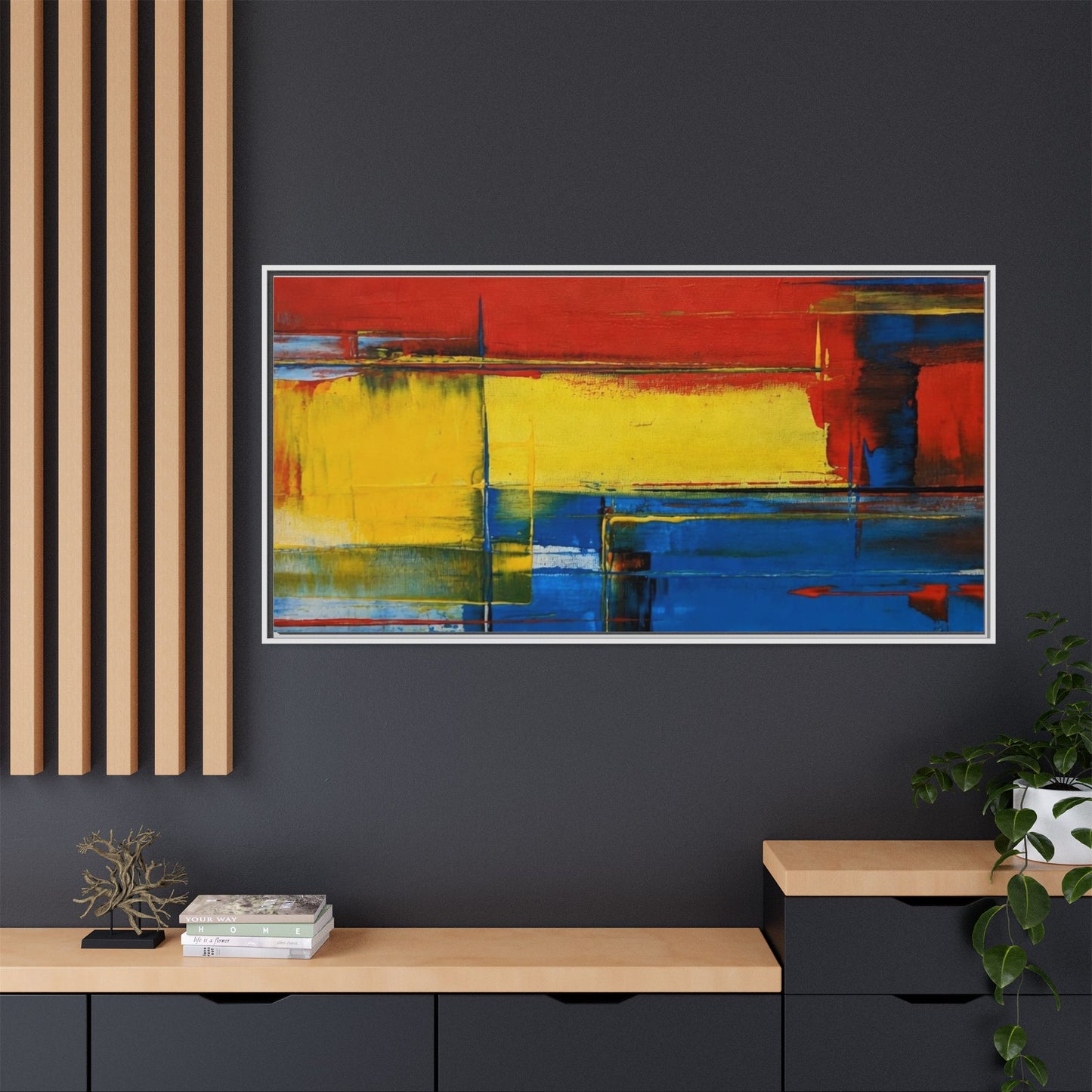 Abstract Color Block Matte Canvas Framed Wall Art — Modern Red Yellow Blue Painting