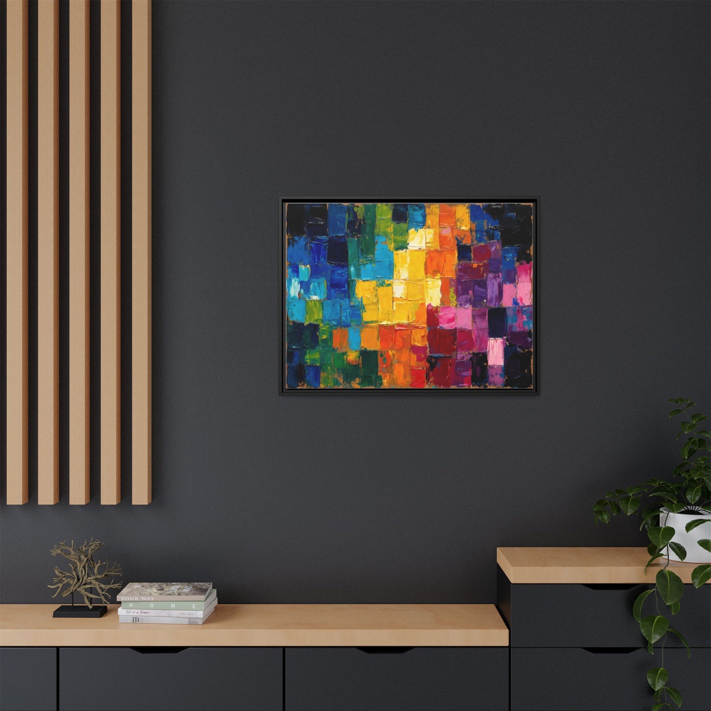 Abstract Rainbow Mosaic Framed Canvas Print — Colorful Modern Wall Art