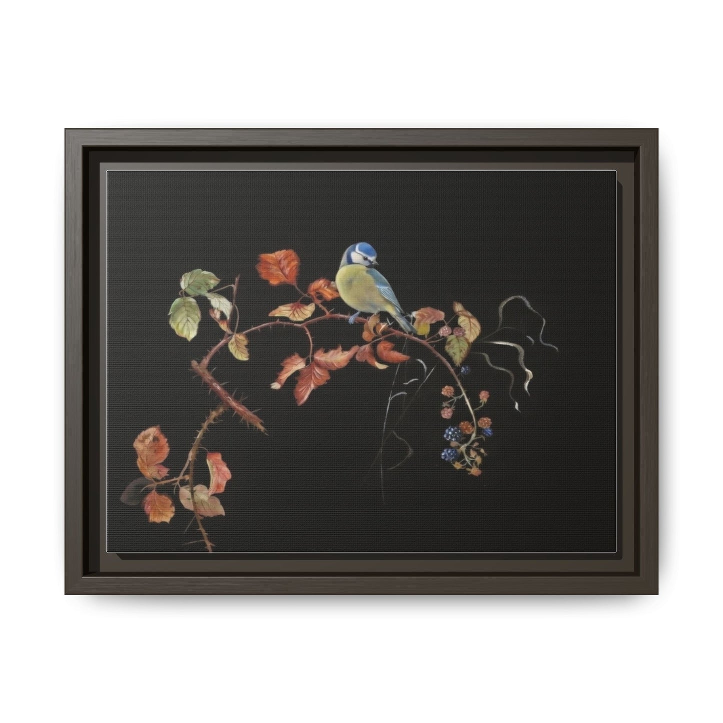 Framed Matte Canvas - Blue Tit on Autumn Branch Wall Art