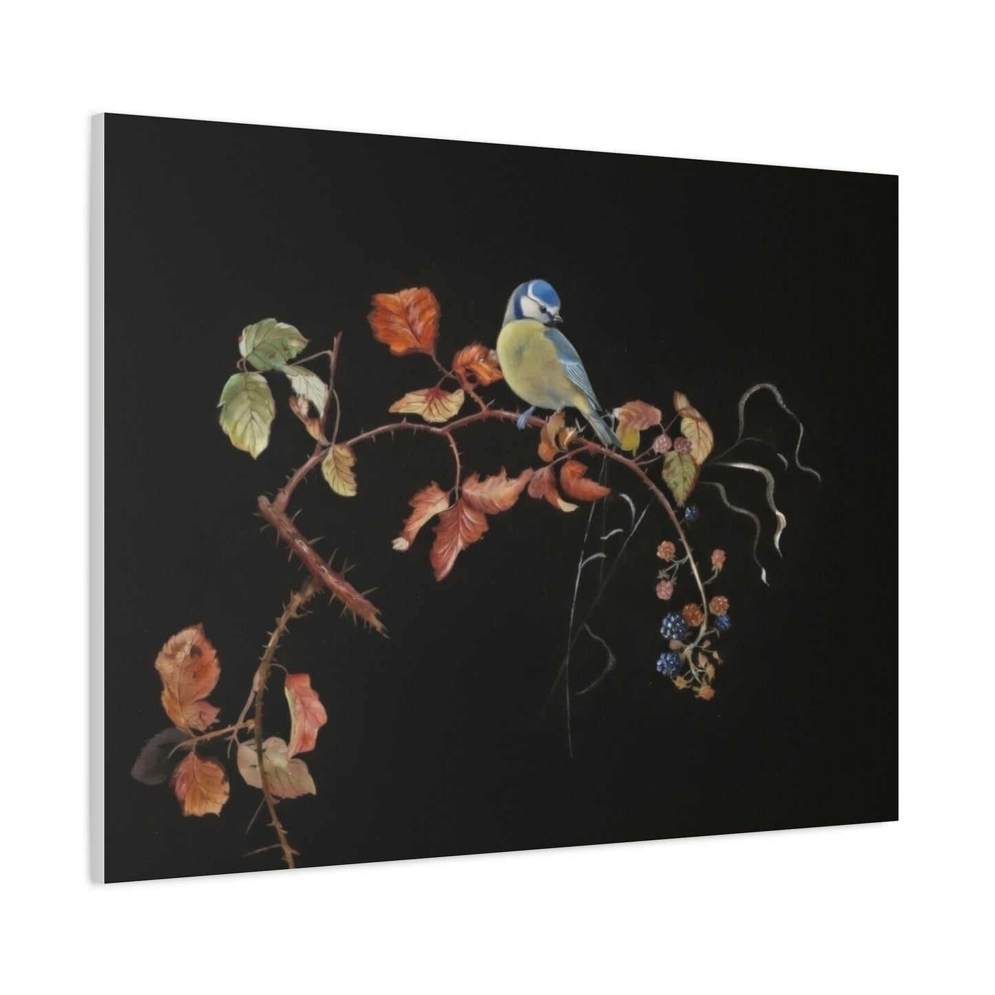 Canvas Wall Art - Blue Tit on Autumn Branch, Stretched Matte Canvas