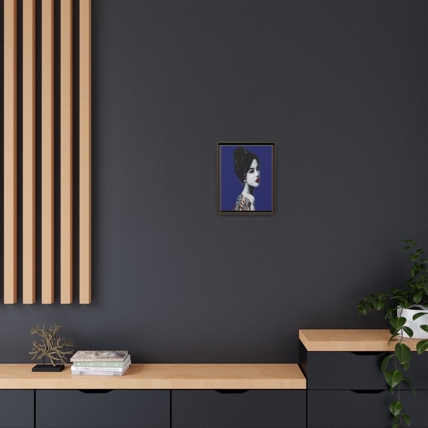 Framed Matte Canvas Art — Elegant Geisha Portrait on Deep Blue