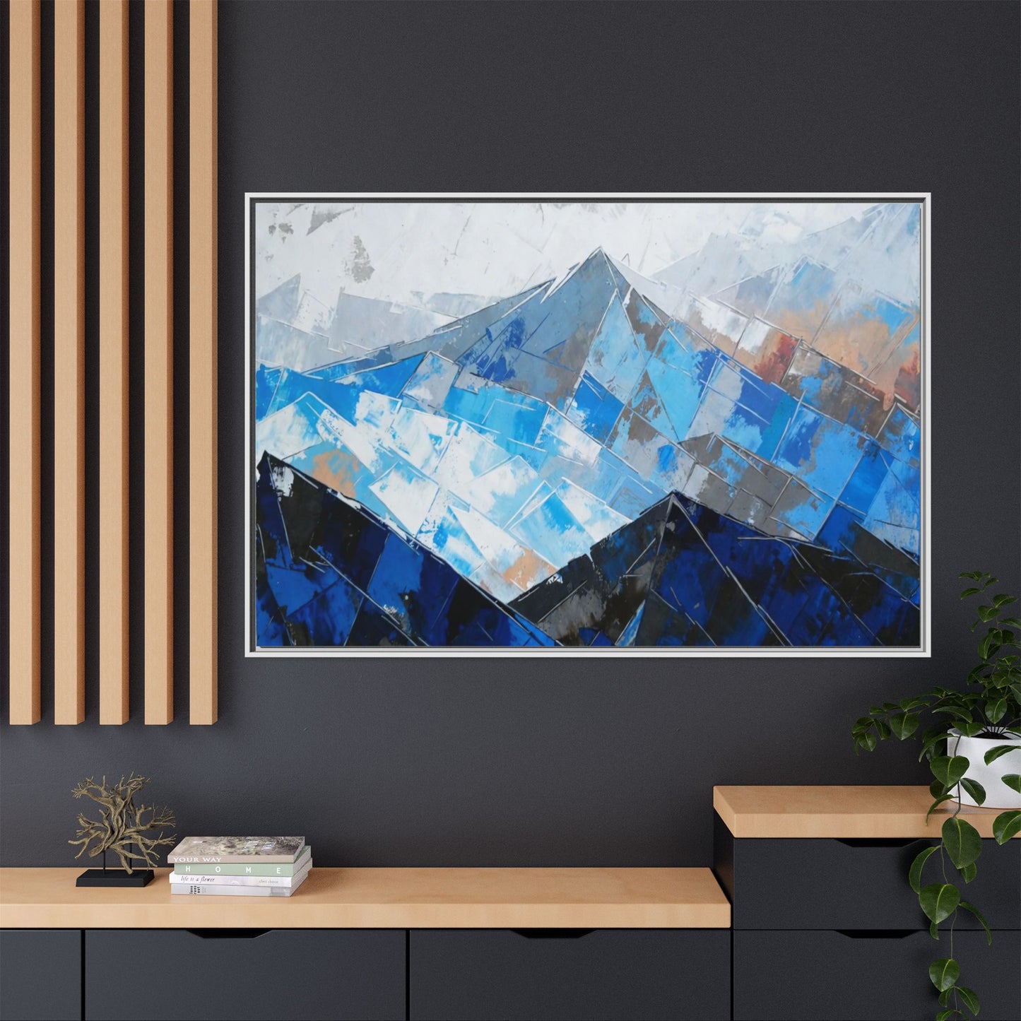 Framed Matte Canvas Blue Mountain Abstract Wall Art