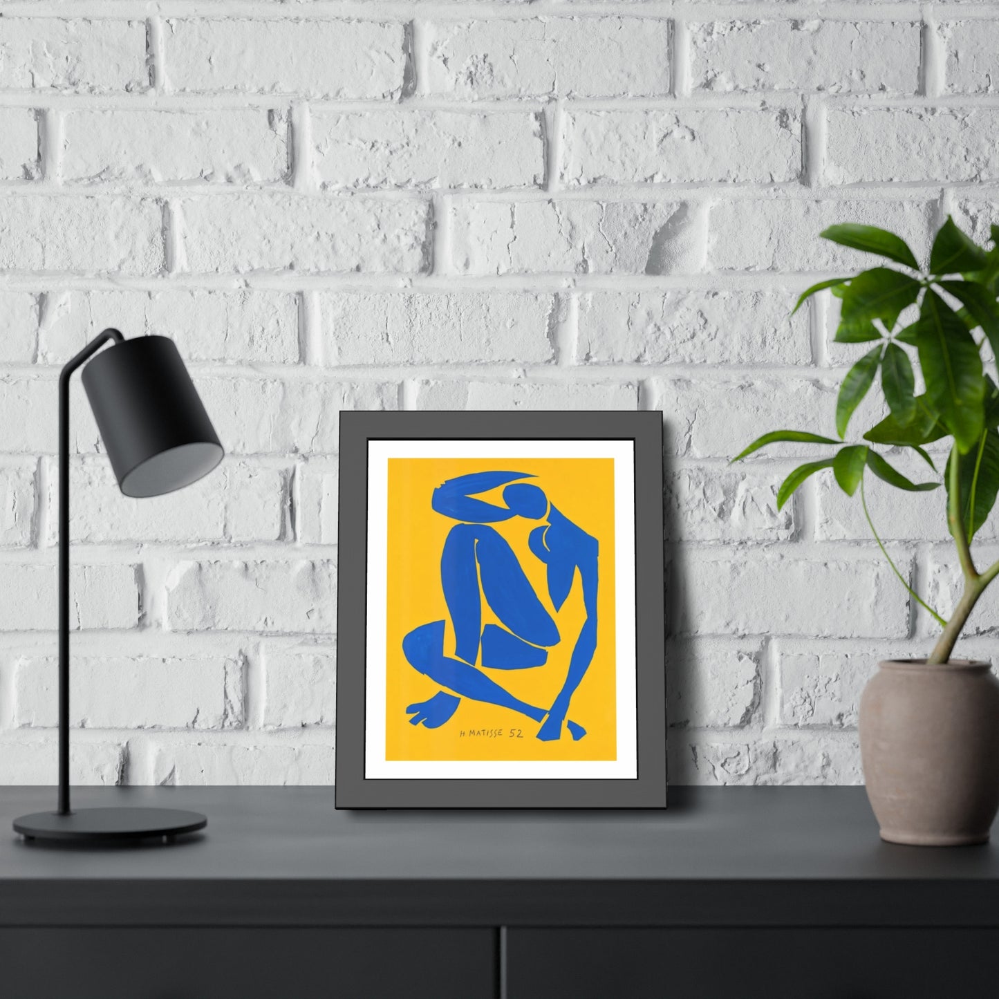 Framed Art Print - Blue Cutout Figure on Yellow (Matisse Style)