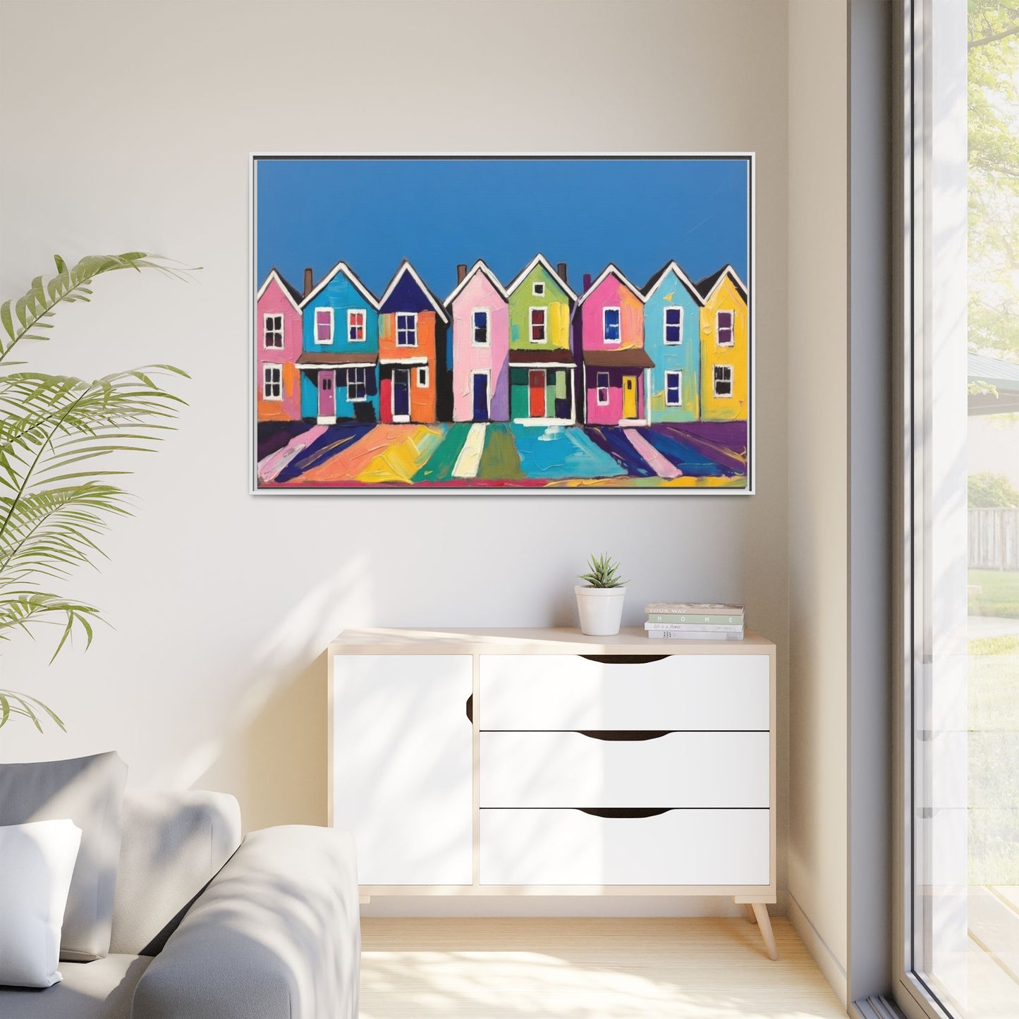 Colorful Beach Houses Matte Canvas Framed Wall Art