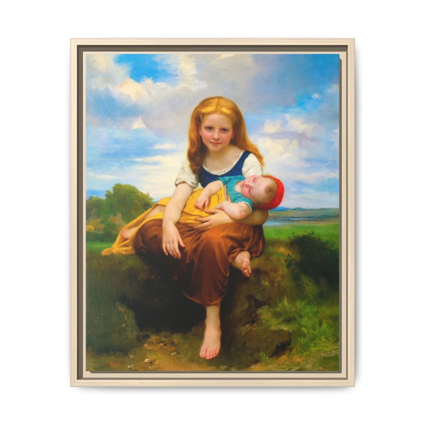 Young Girl Holding Sleeping Baby Canvas Print, Framed Wall Art